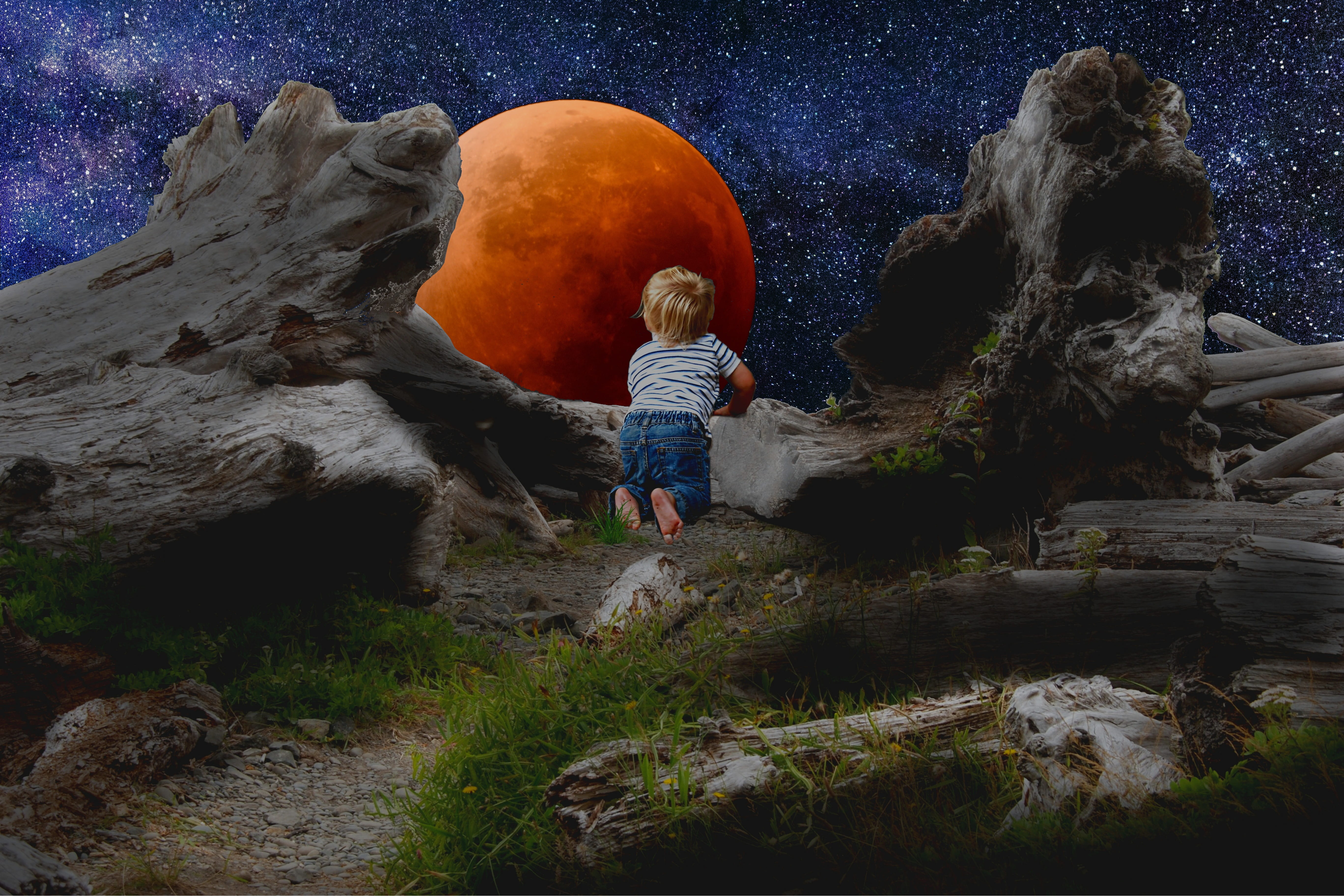 sky, solid, nature, land, atmosphere, night sky, water, girl, child, rock, curiosity, lunar eclipse, abendstimmung, leisure activity, night, outdoors, viewers, HD Wallpaper