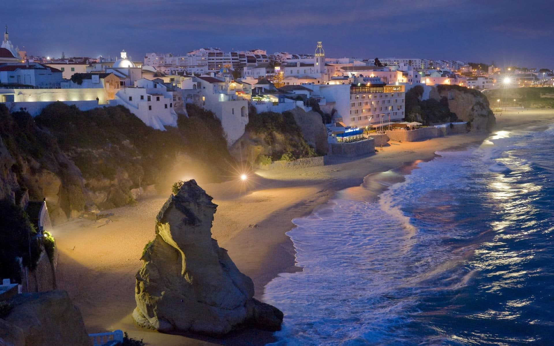 white, night, 1080P, 3d and abstract, seaside, brown, lights, rock, beautiful, beach, rocks, town, HD Wallpaper