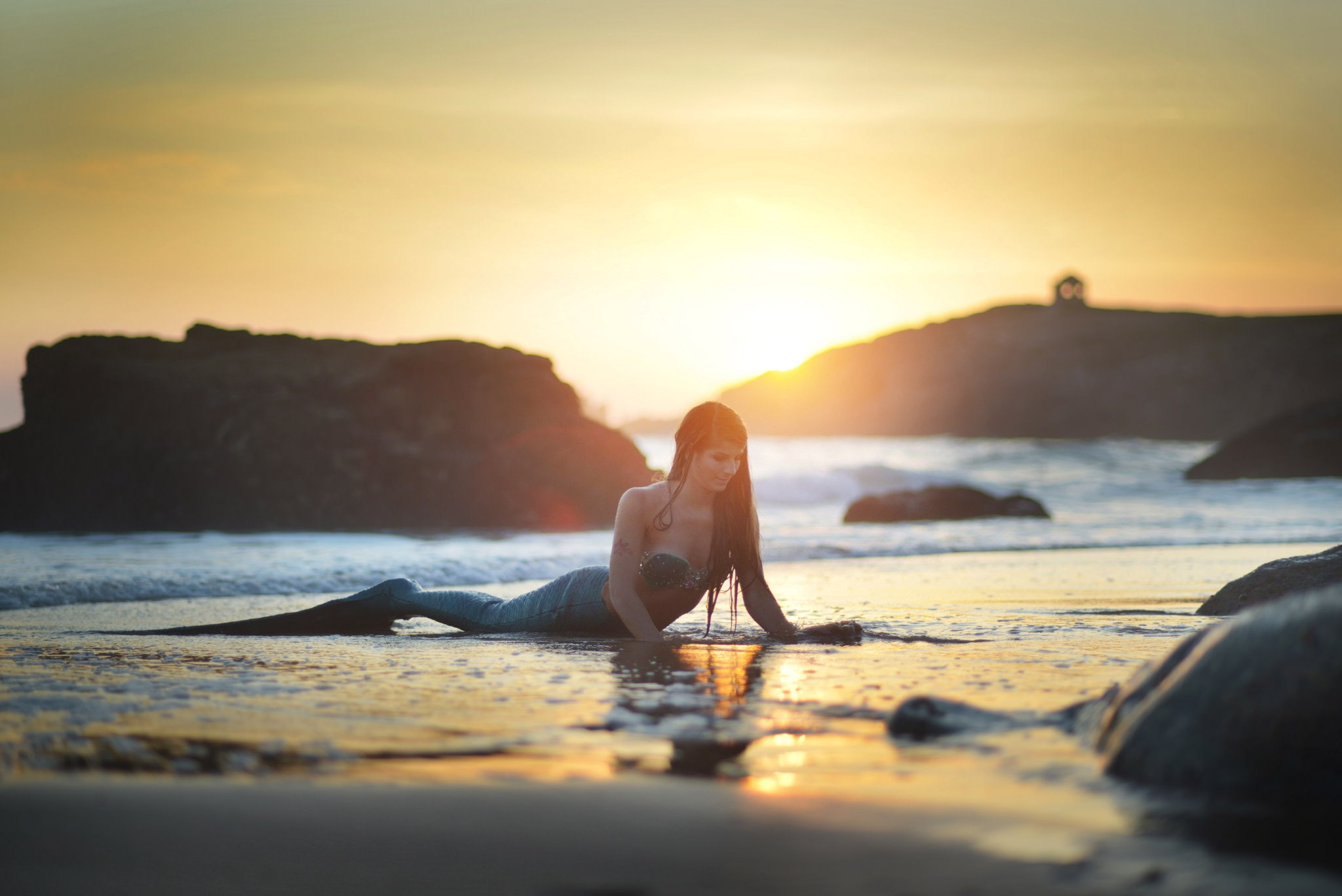 sunset, reflection, mermaid, rock, foam, beach, seaside, 1080P, HD Wallpaper