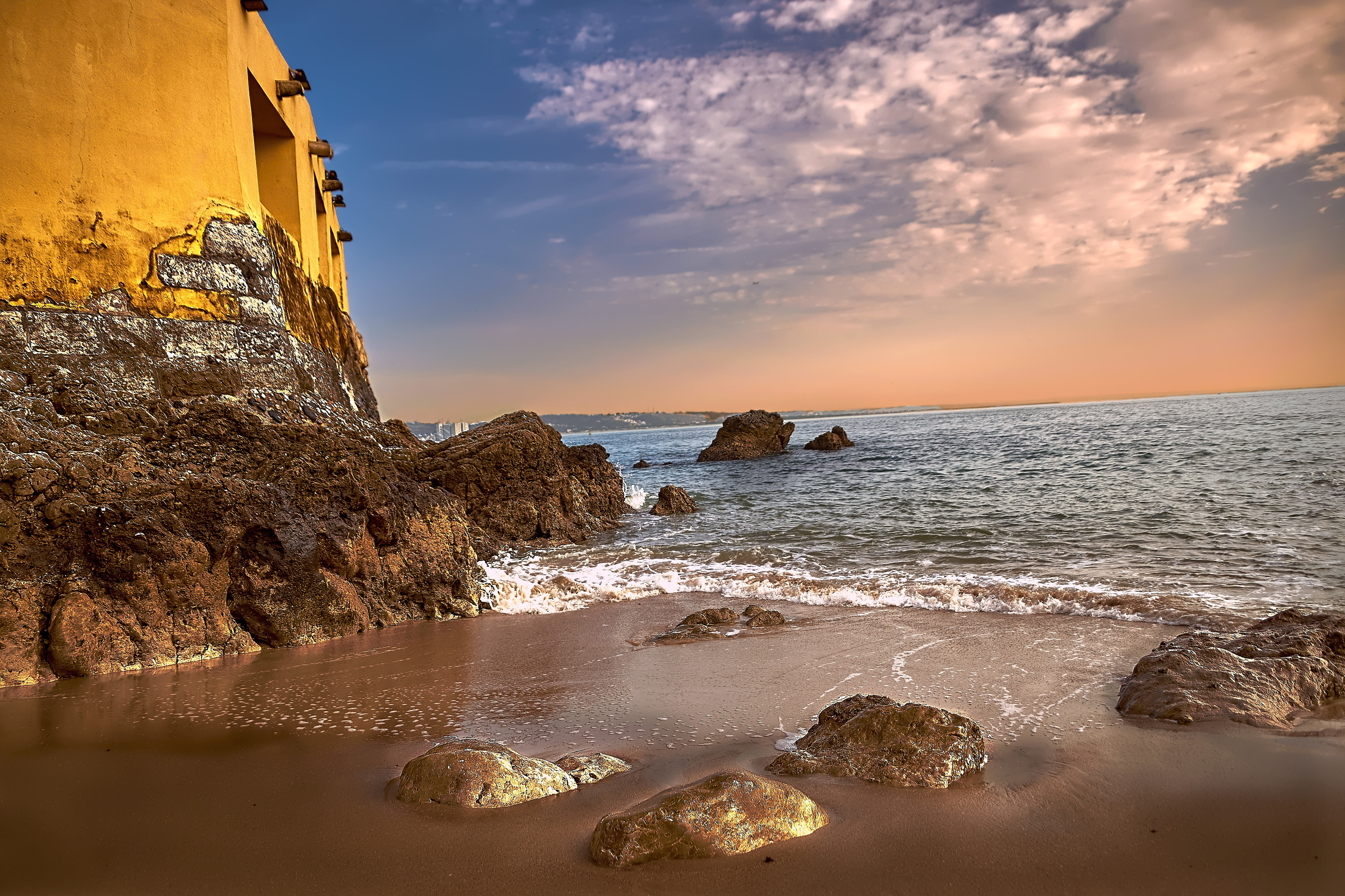 5K, on the Rocks, outdoor, rock - Object, lisbon, sky, coastline, calm, ocean  water, seaside, orange, landscape, nature, caxias, rock  sand, yellow  blue, HD Wallpaper