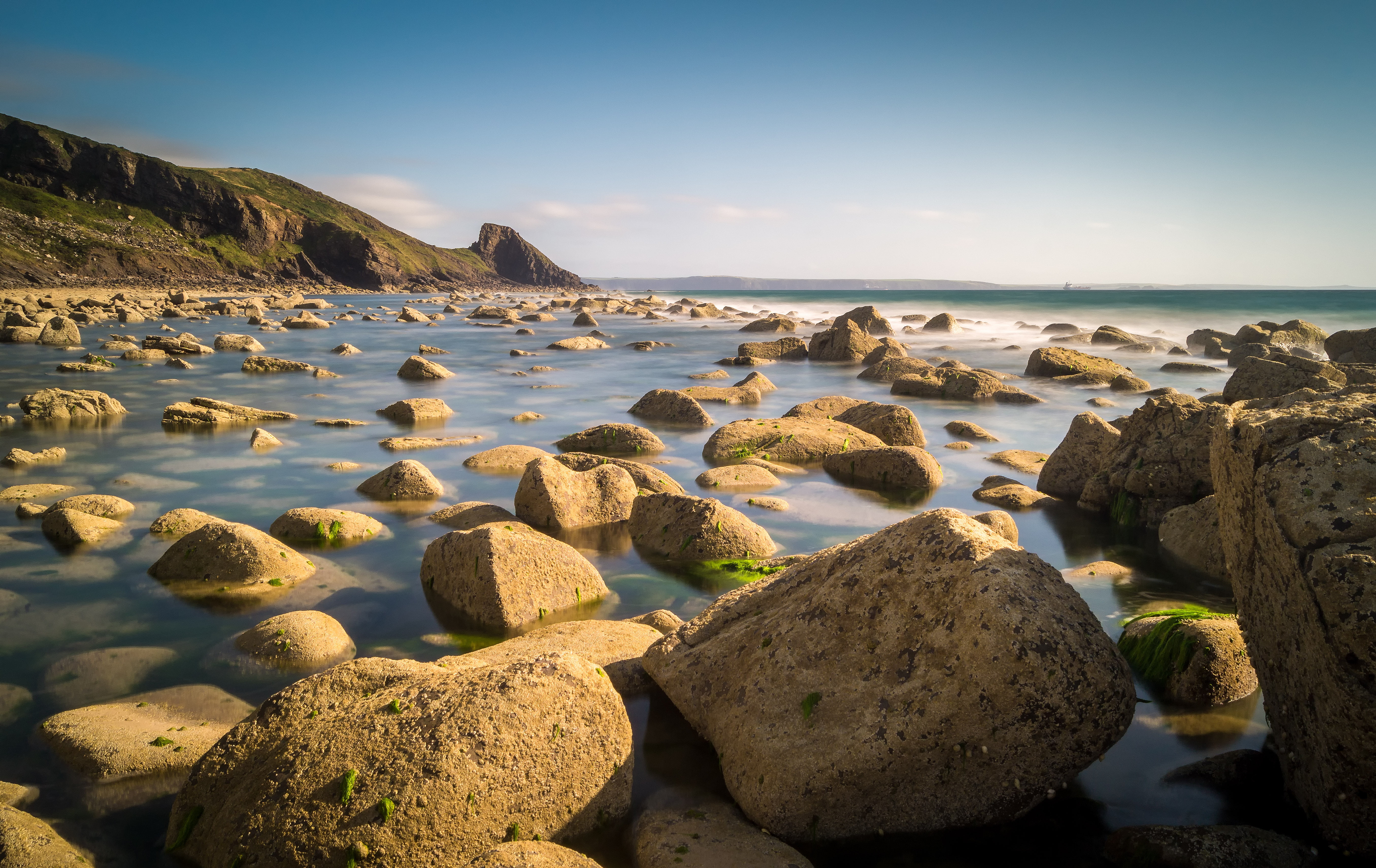 coast, coastal, horizon, grad, sony, cliff, uk, shot, cliffs, rocks, ashore, wales, nature, seaside, newgale  pembrokeshire, shore, 5K, photography, long  exposure, HD Wallpaper