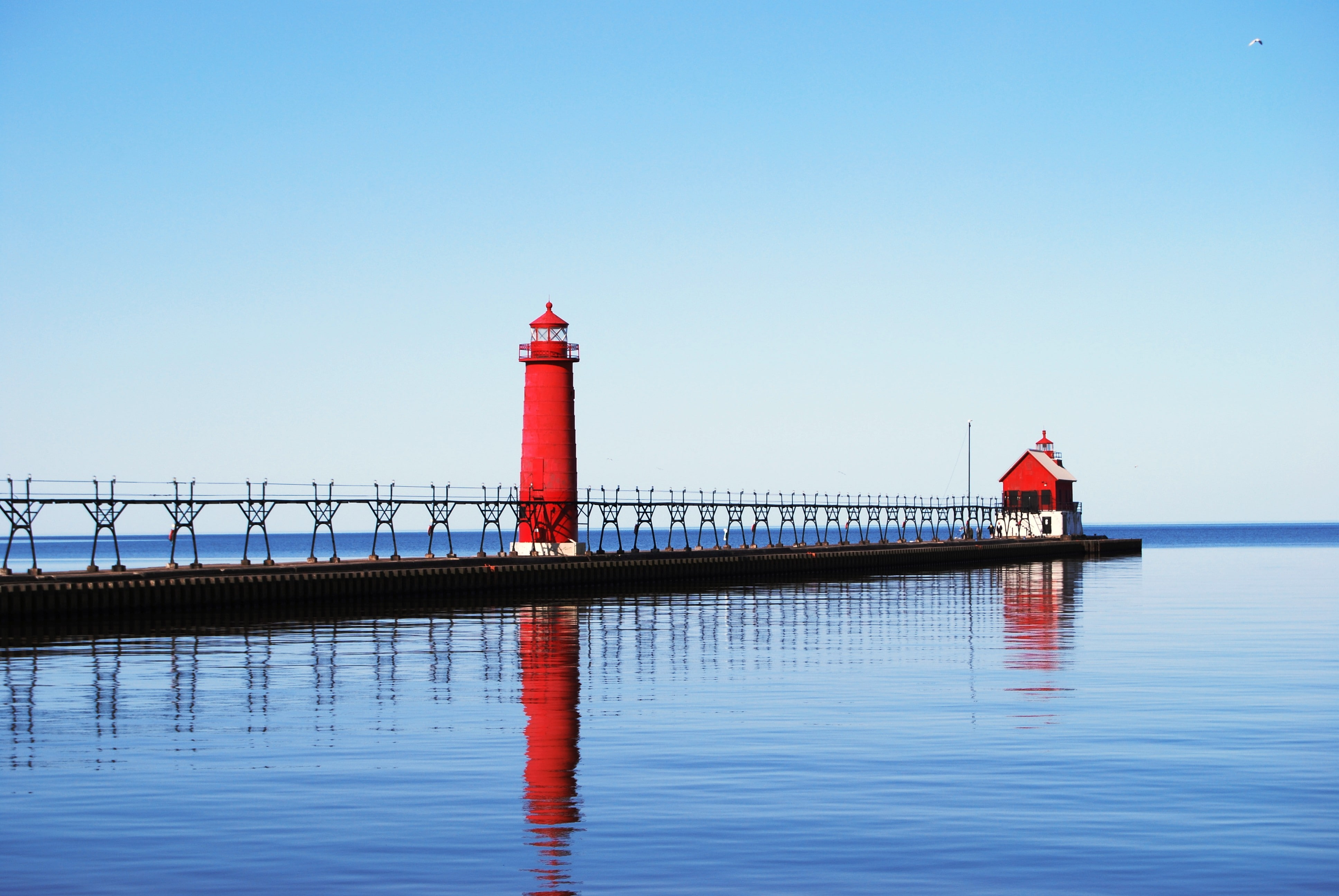 light house, guidance, pier, Grand Haven, clear sky, architecture, built structure, waterfront, protection, Lake Michigan, tower, 4K, building exterior, HD Wallpaper