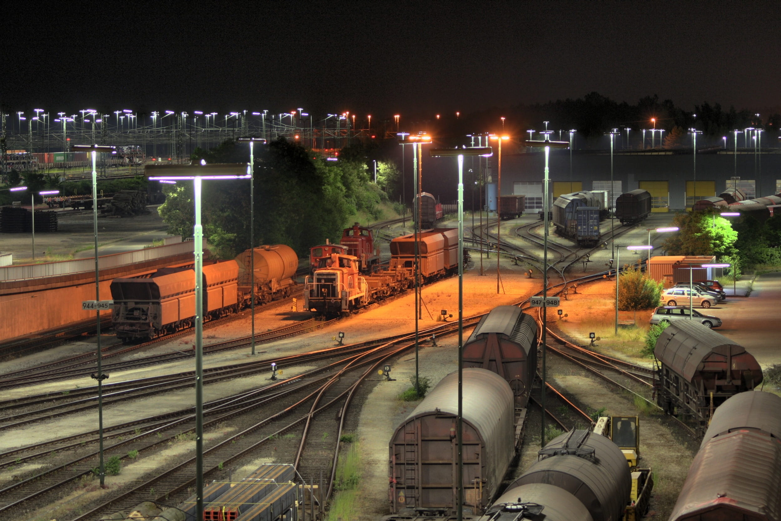 landscape, rail transportation, high angle view, night photograph, 1080P, city, freight trains, track, no people, built structure, outdoors, train - vehicle, HD Wallpaper