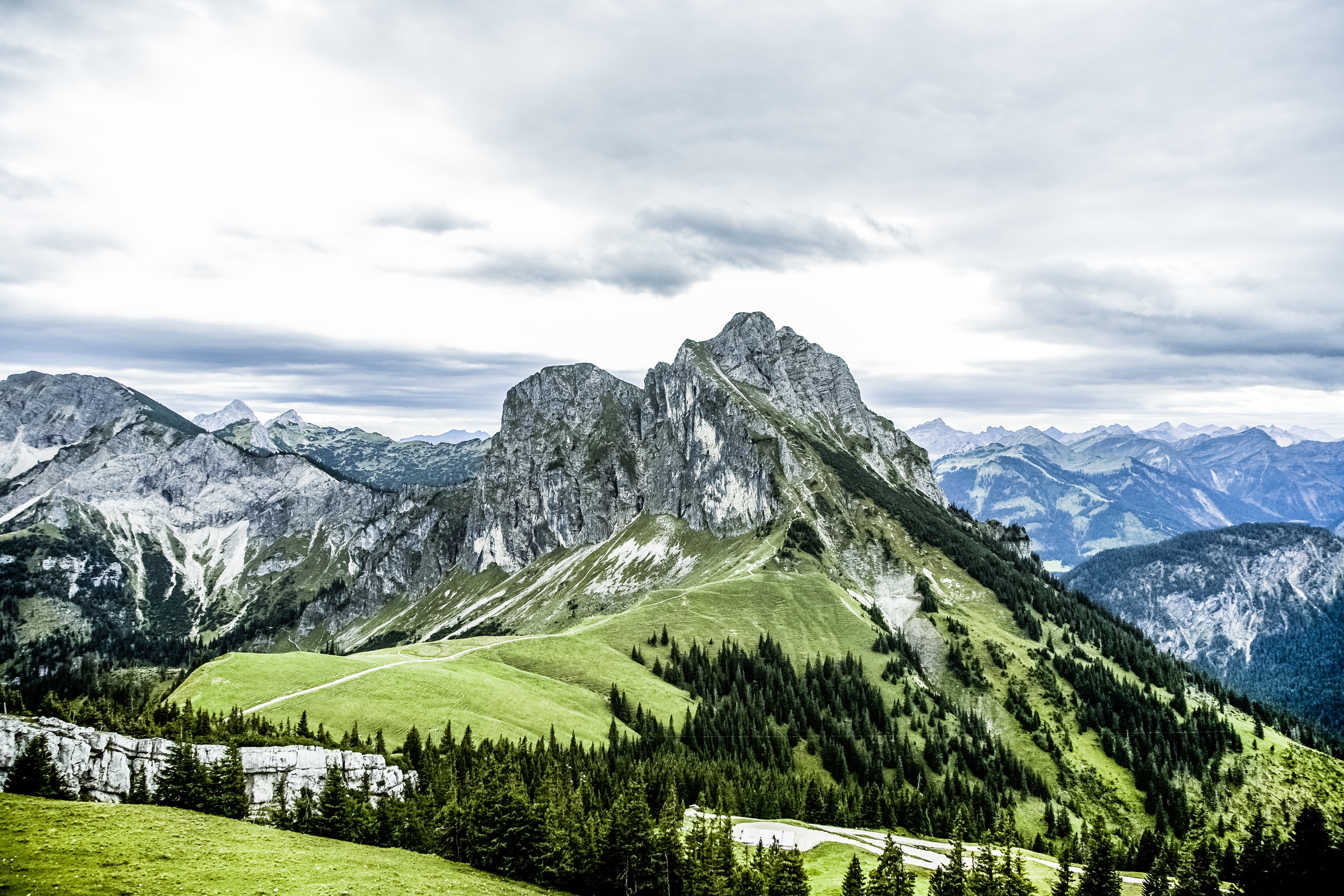 mountain Range, blue, tranquility, scenics - nature, grass, green Color, formation, no People, non-urban scene, nature, winter, tourism, dolomites, italy, HD Wallpaper