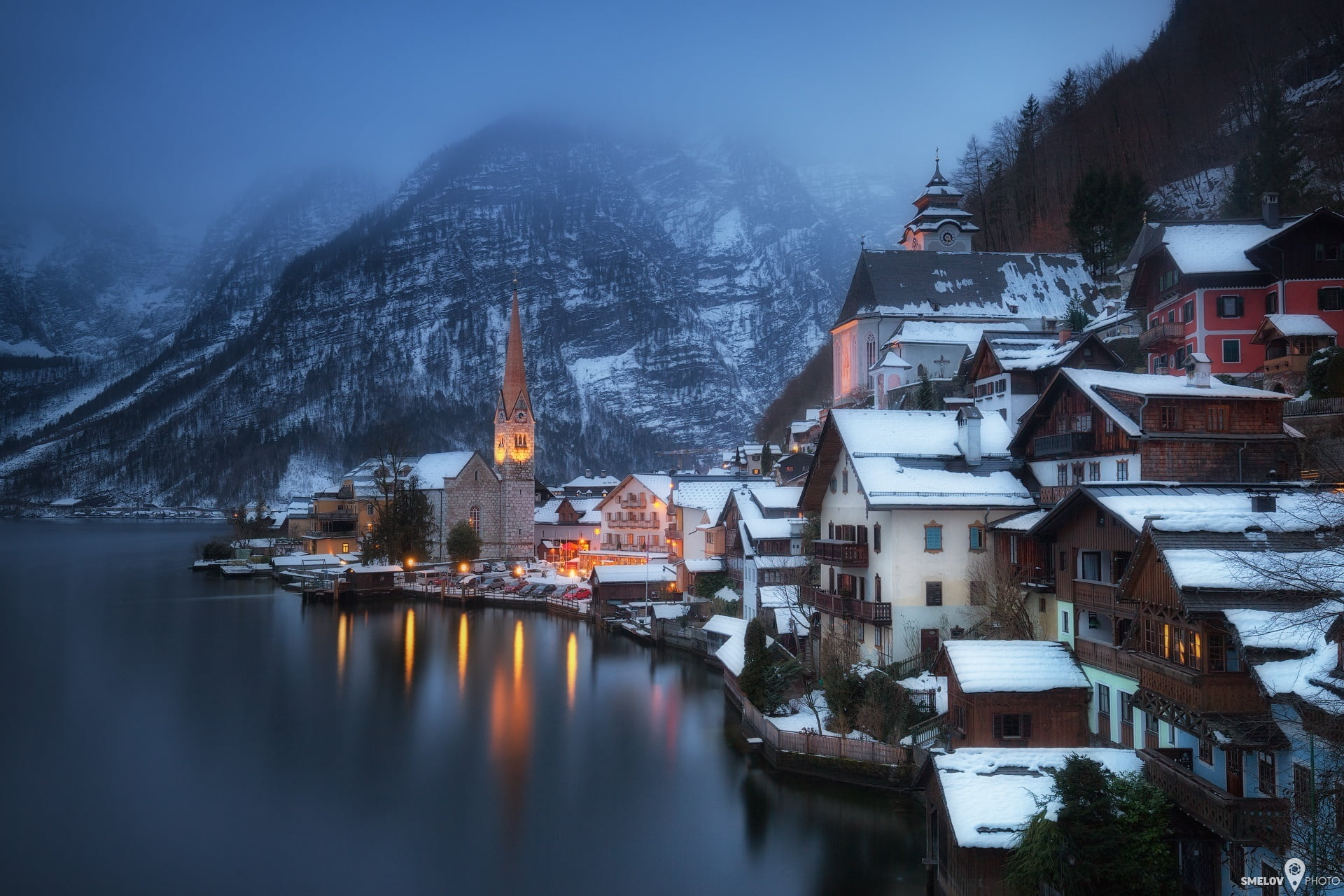 snow, cityscape, old, city, lights, mountain, building, Alps, town, tower, residential district, blue, cultures, house, nature, illuminated, sky, hill, HD Wallpaper