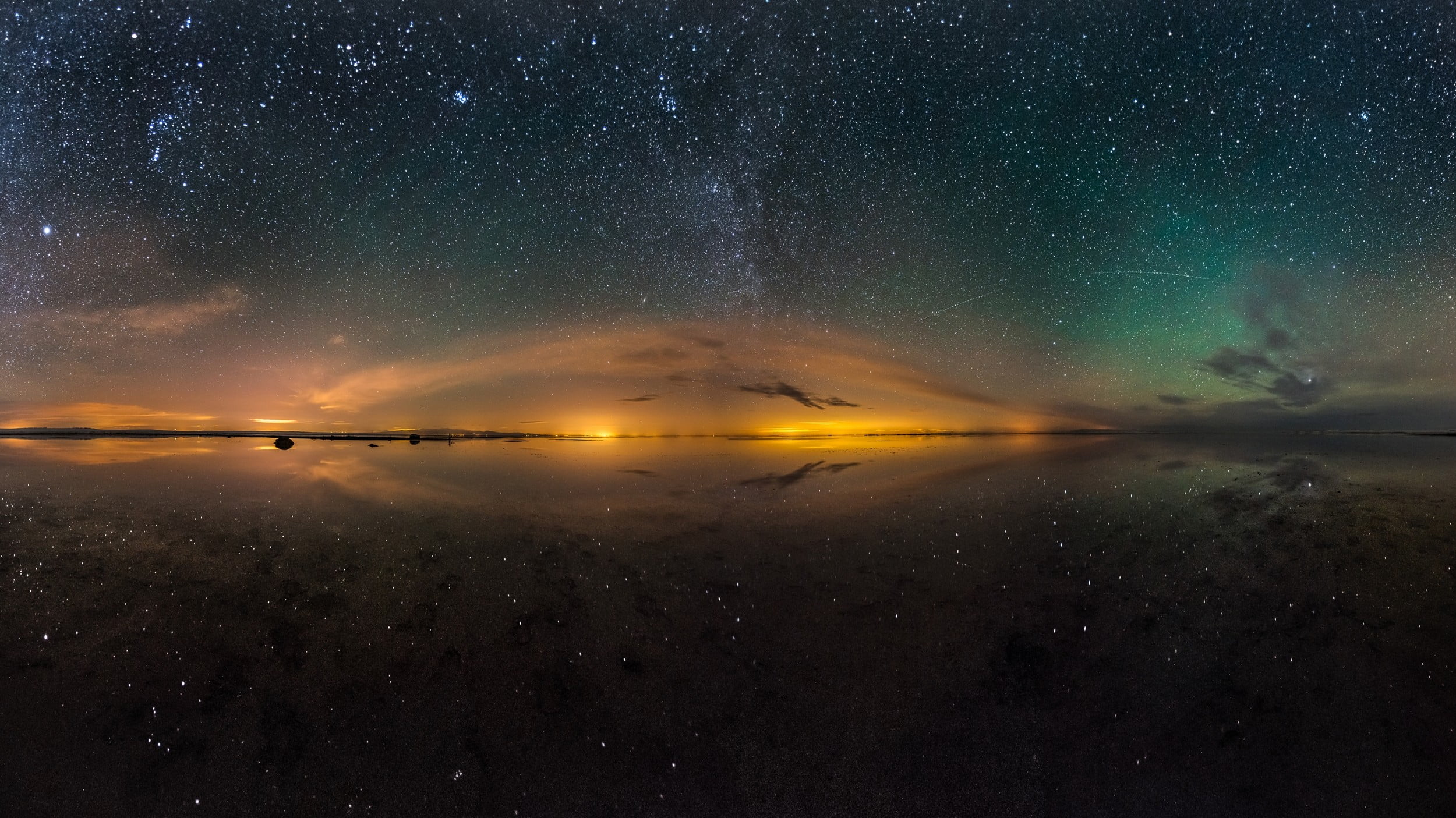 water, 1080P, scenics - nature, sea, star, cloud - sky, night, salt lakes, panoramas, space, milky way, tranquility, lights, landscape, beauty in nature, HD Wallpaper