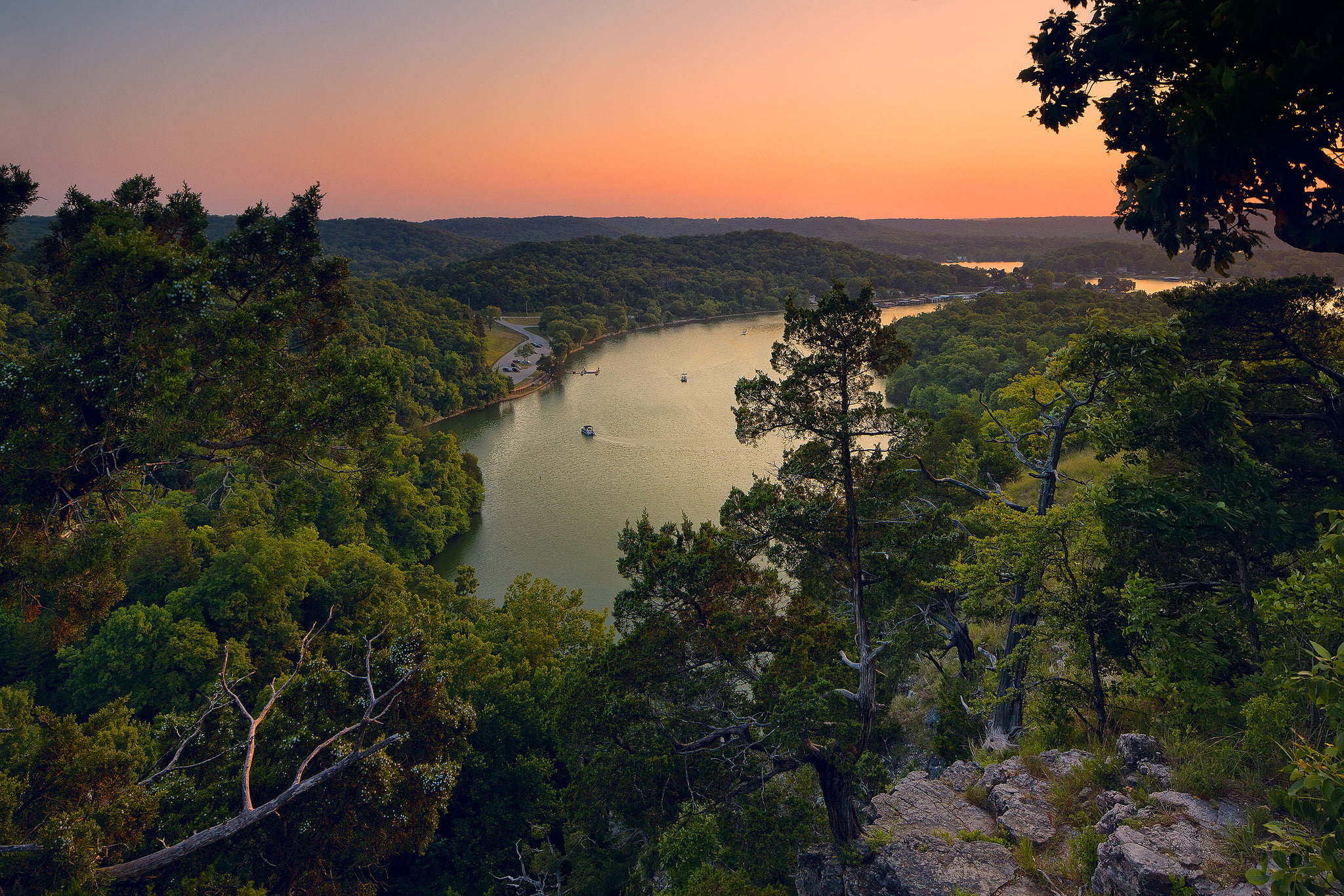 sunset, lake, panorama, green, trees, nature, 1080P, forest, leafed, Lake of the Ozarks, HD Wallpaper