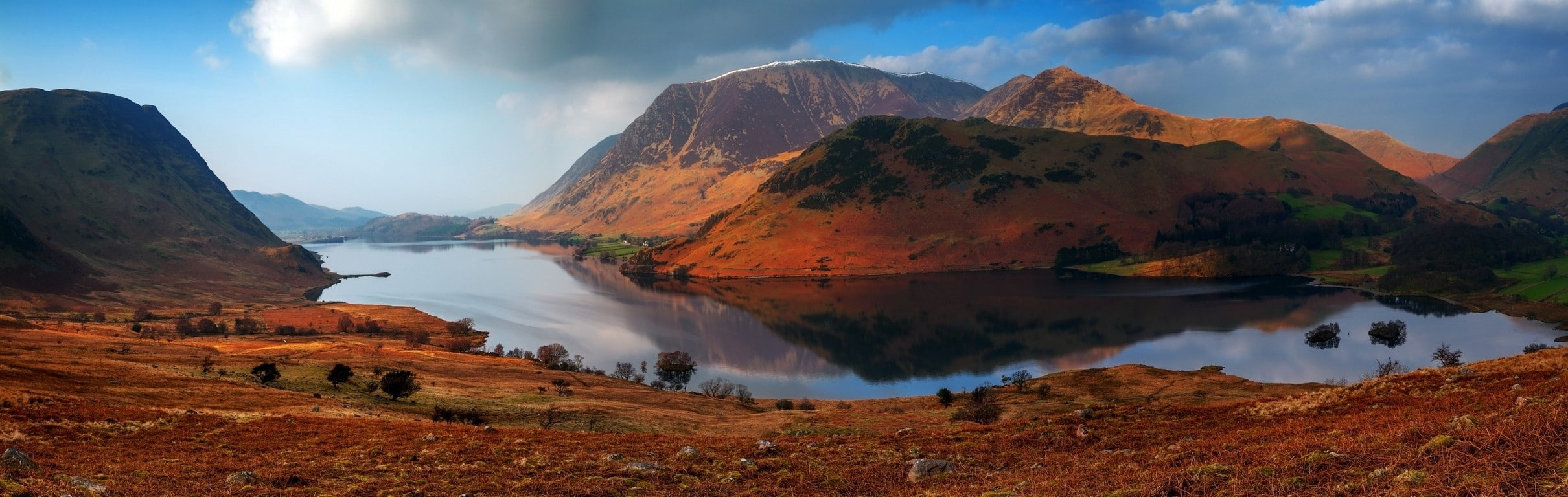 field, panoramas, nature, lake, landscape, water, clouds, 1080P, mountains, grass, HD Wallpaper