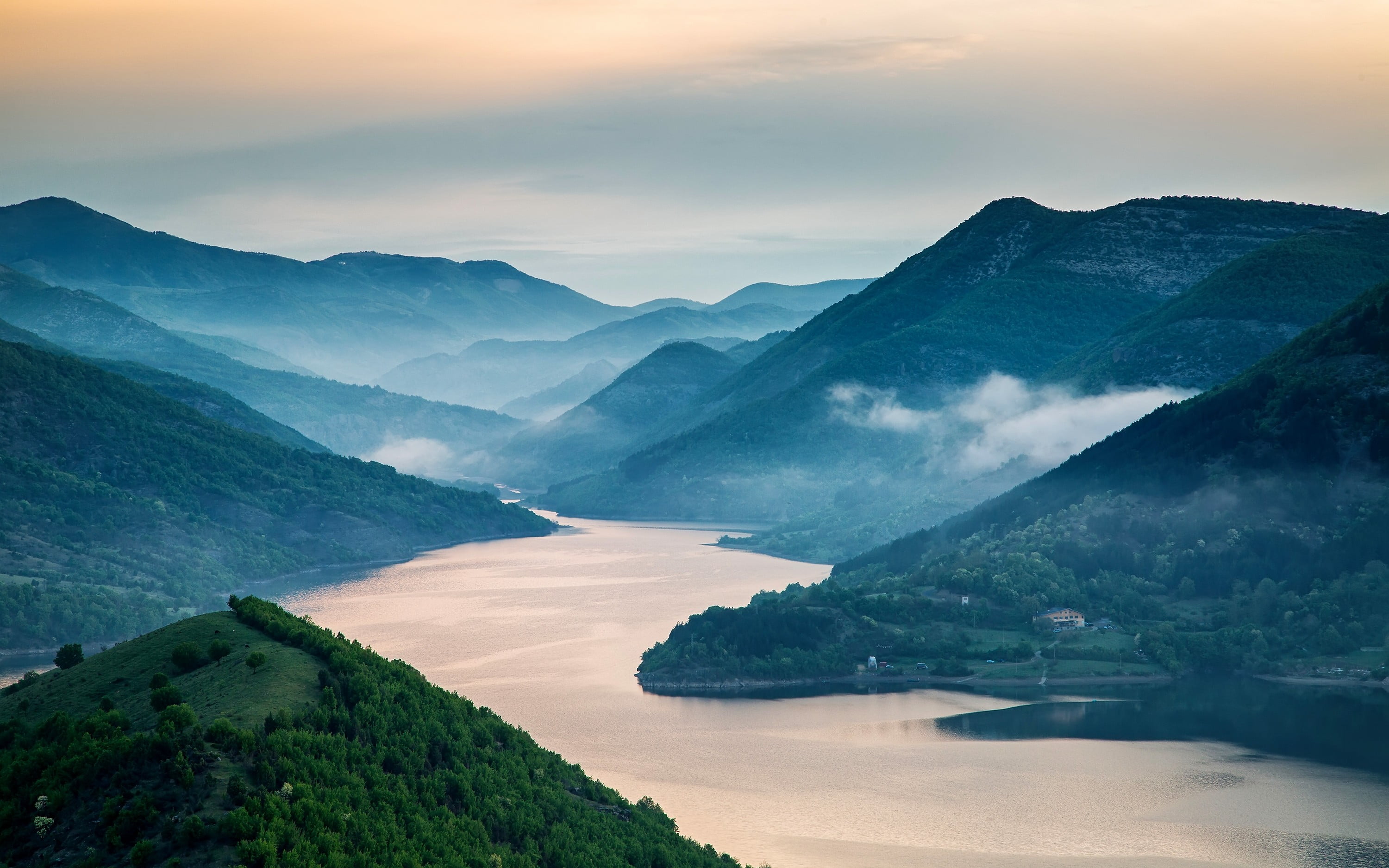 2K, forest, sky, cloud - sky, surrounded, mountains, mountain peak, no people, remote, non-urban scene, beauty in nature, mountain, mountain range, dam, HD Wallpaper