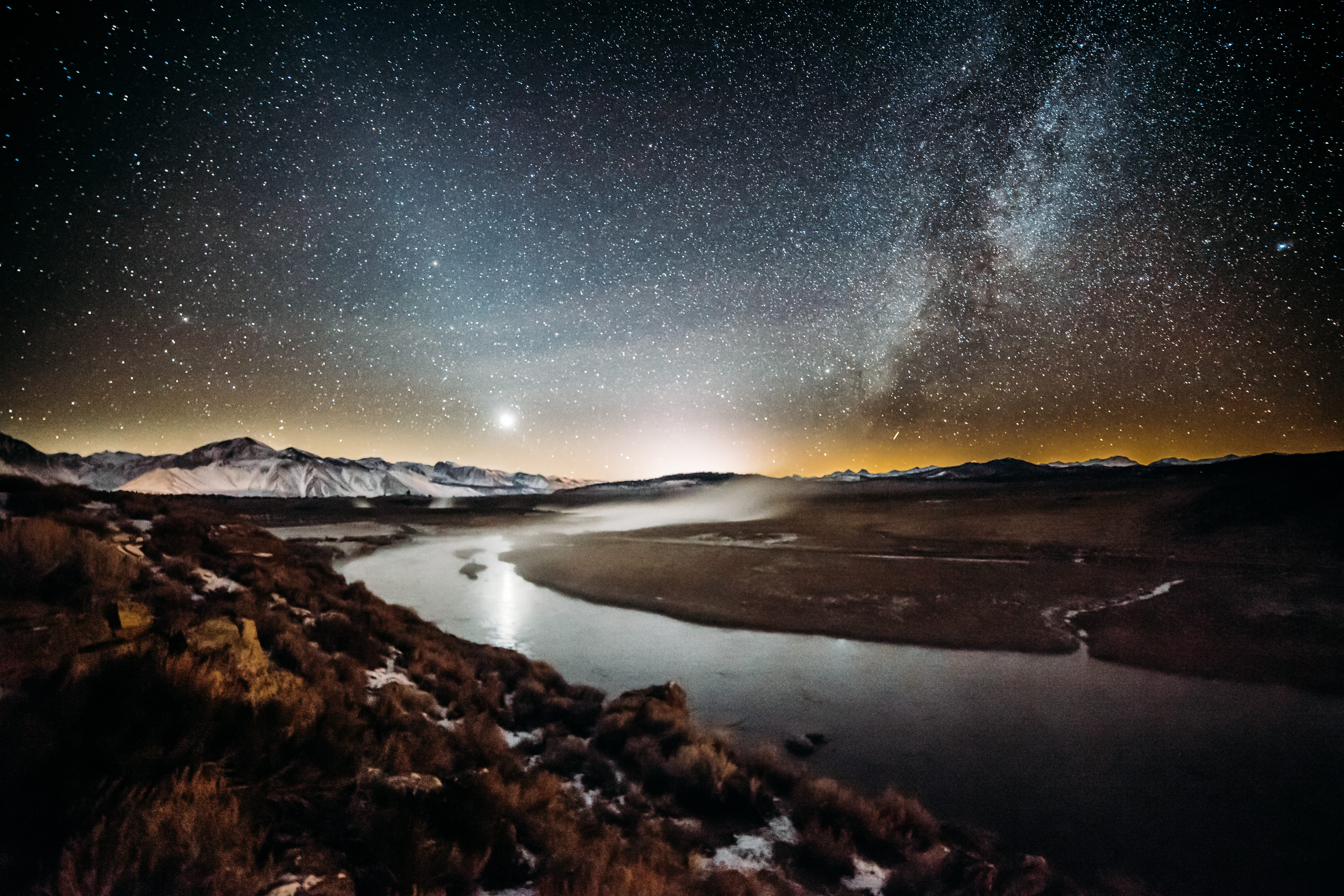 long Exposure, water, astronomy, river, tranquility, night, barren, surrounded, mountain range, nebula, constellation, galaxy, tranquil scene, mountain, HD Wallpaper