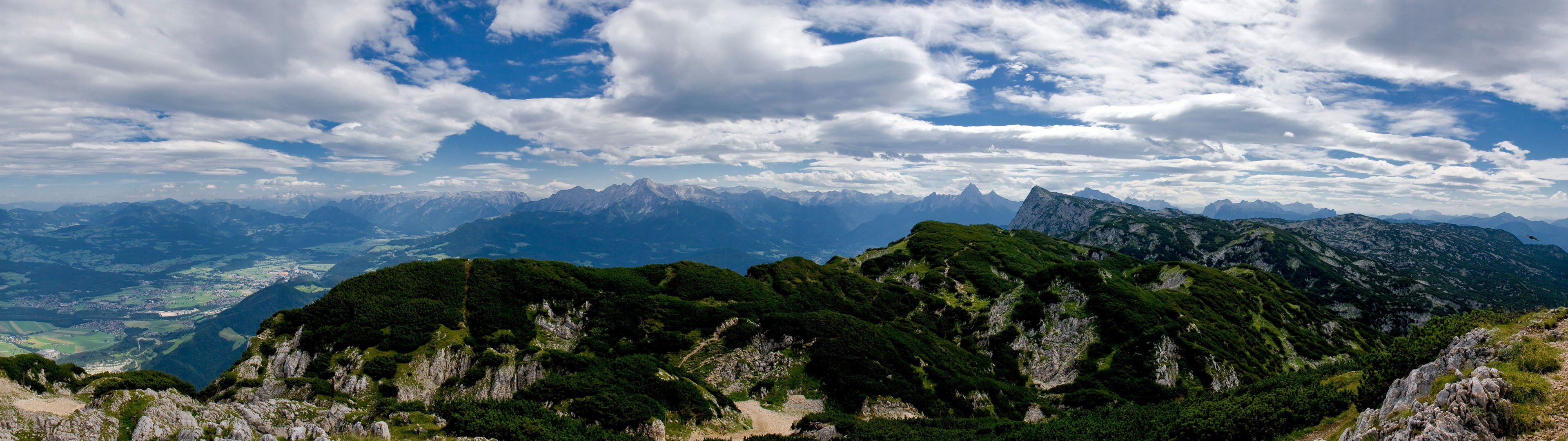 panorama, panoramic, sky, outdoors, green, cloud - sky, landscape, clouds, land, plant, mountains, cloudscape, mountain peak, travel, 4K, mountain range, HD Wallpaper
