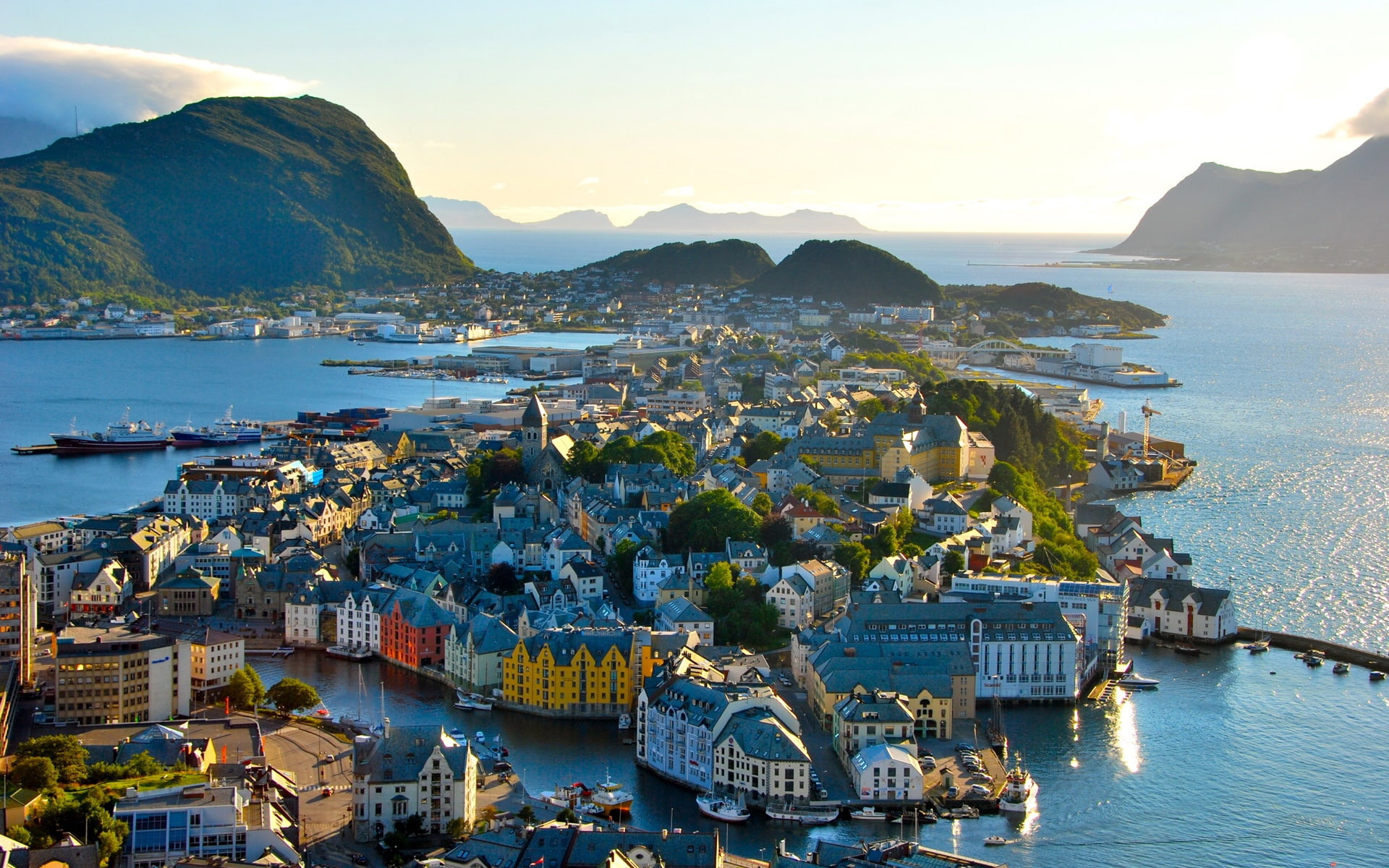 Mountains, 1080P, Trees, Architecture, City, Norway, Sea, Houses, HD Wallpaper