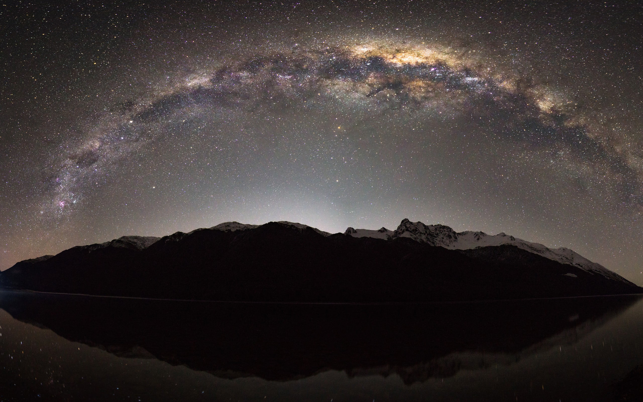 landscape, star - space, galaxy, space, mountain, sky, 2K, no people, lake, water, space and astronomy, tranquil scene, dark, nature, reflection, silhouette, HD Wallpaper