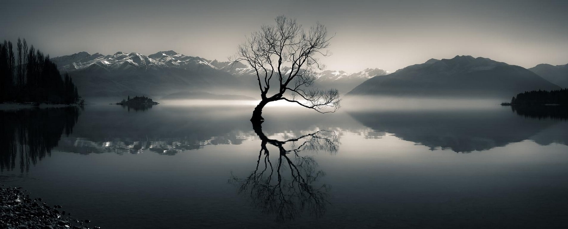 landscape, mist, lake, trees, water, snowy peak, mountains, 720P, panoramas, reflection, nature, HD Wallpaper