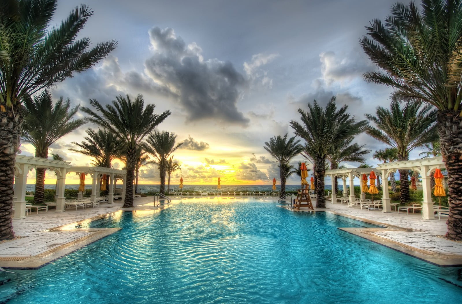yellow, scenics - nature, beach, nature, outdoors, sunset, cloud - sky, blue, luxury, tropical tree, beauty in nature, water, swimming pool, pool, palm, HD Wallpaper