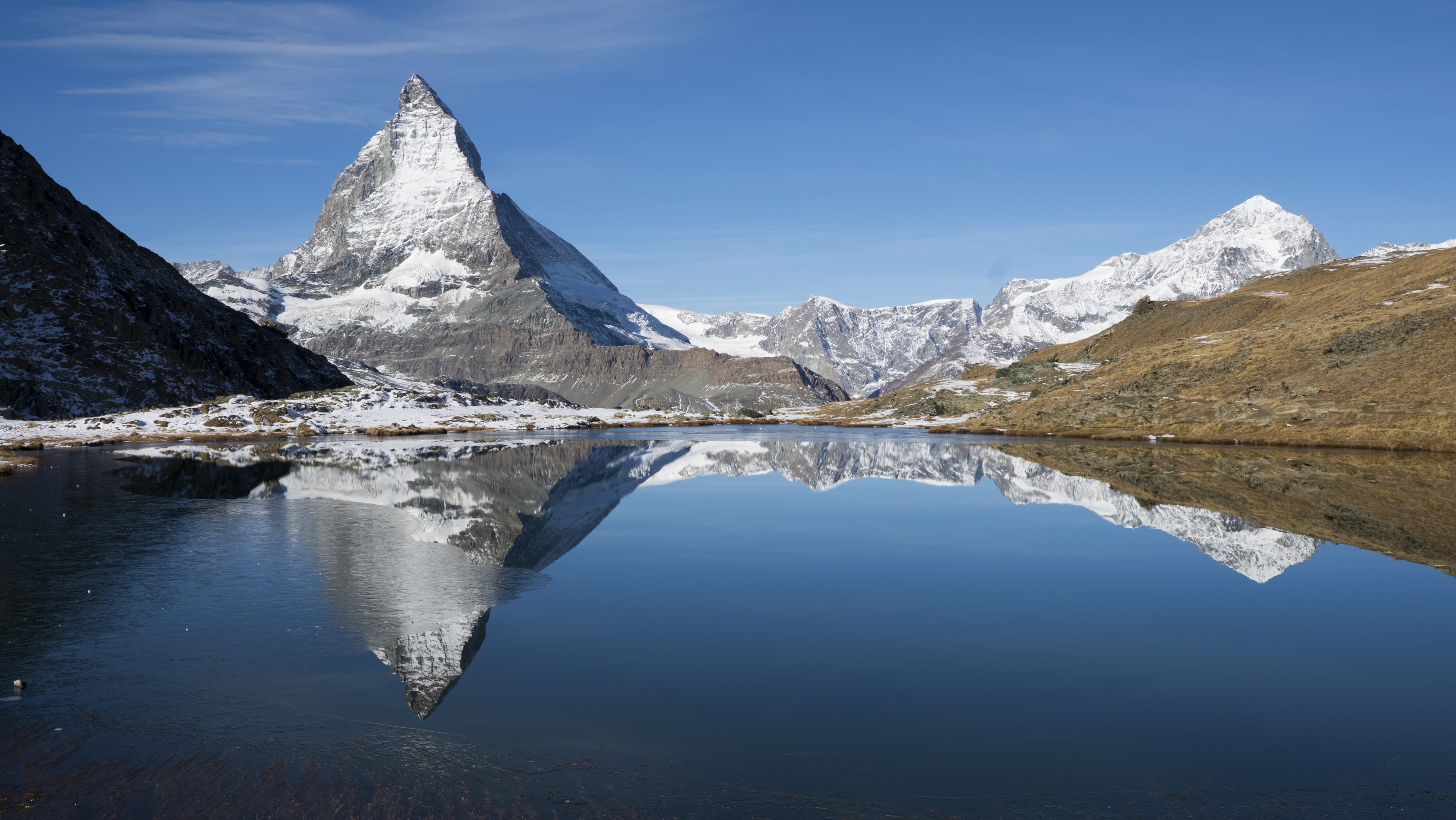 reflection, water, scenics - nature, view, ice, mountain peak, switzerland, mountain range, nature, beauty in nature, riffelsee, mountain summit, lake, HD Wallpaper