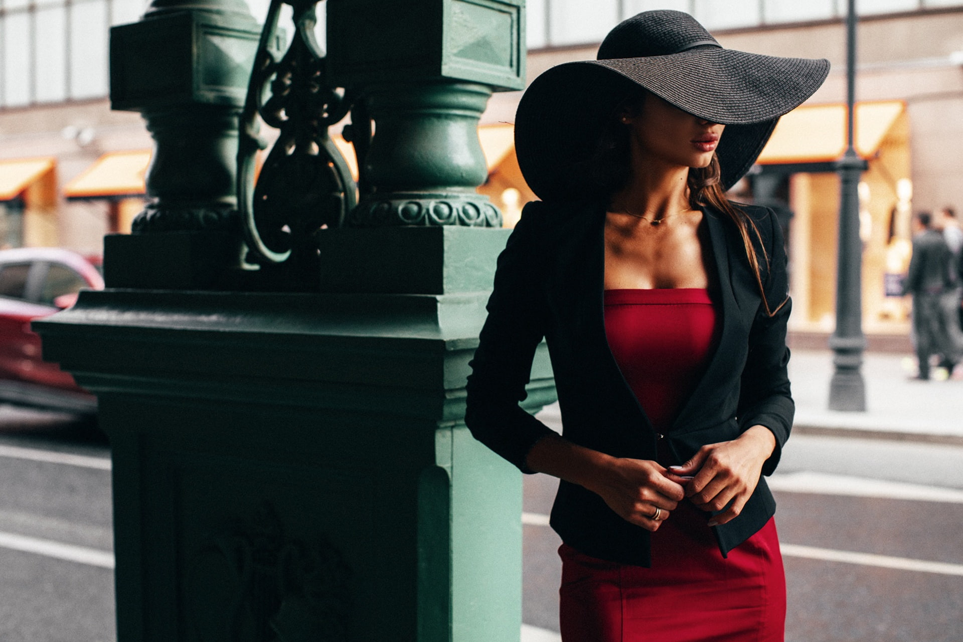 model, 1080P, hat, red dress, Daria Shy, style, Alexei Trifonov, HD Wallpaper