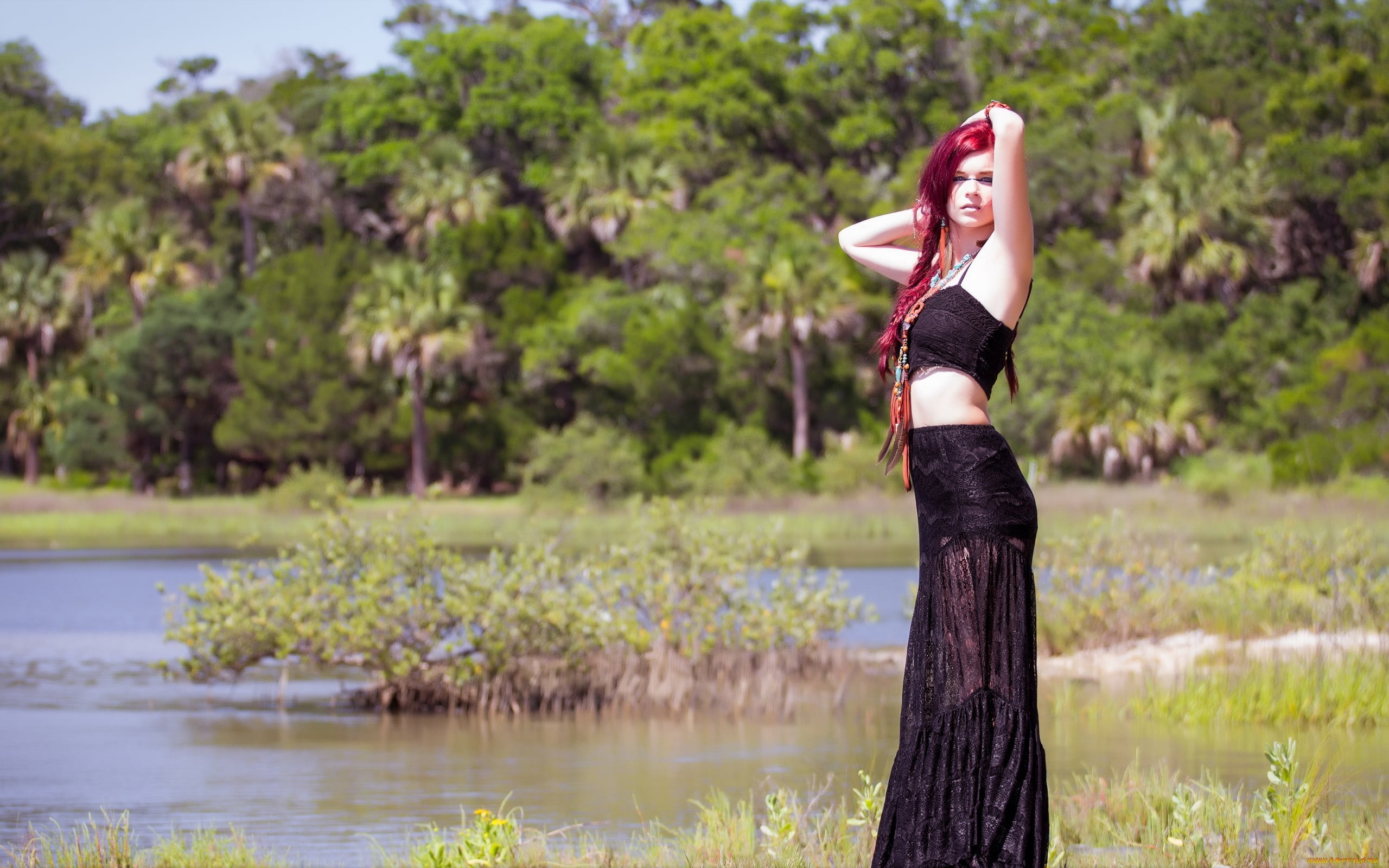 young adult, pigtails, redhead, long hair, beautiful woman, Karoline Kate, women outdoors, women, young women, day, clothing, model, beauty, lake, plant, HD Wallpaper