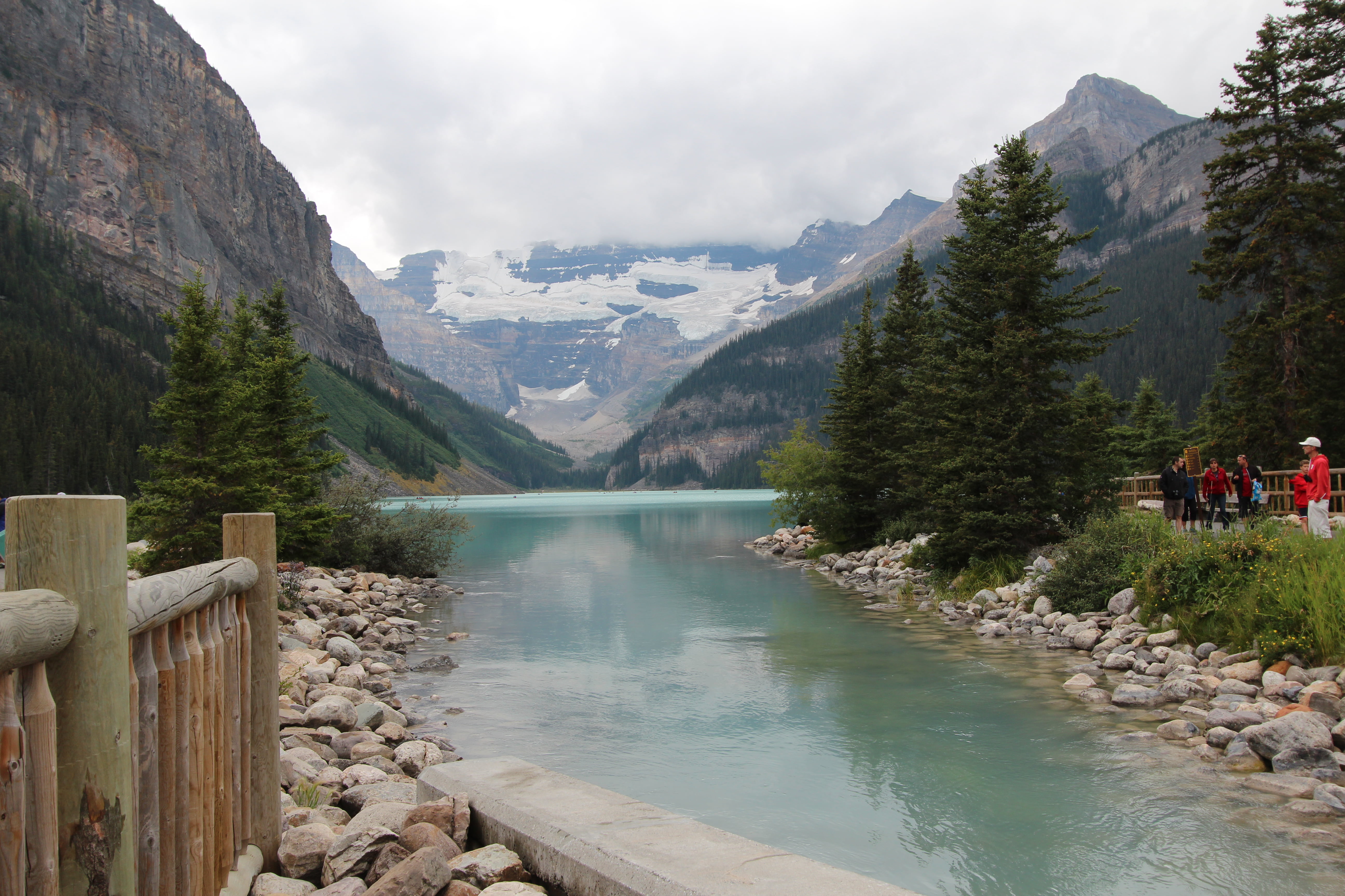 water, Lake  Louise  Alberta, fence, 5K, Canada, wooden, nature, european Alps, brown, Lake Louise Alberta, lake, scenics, mountain, louise, outdoors, HD Wallpaper