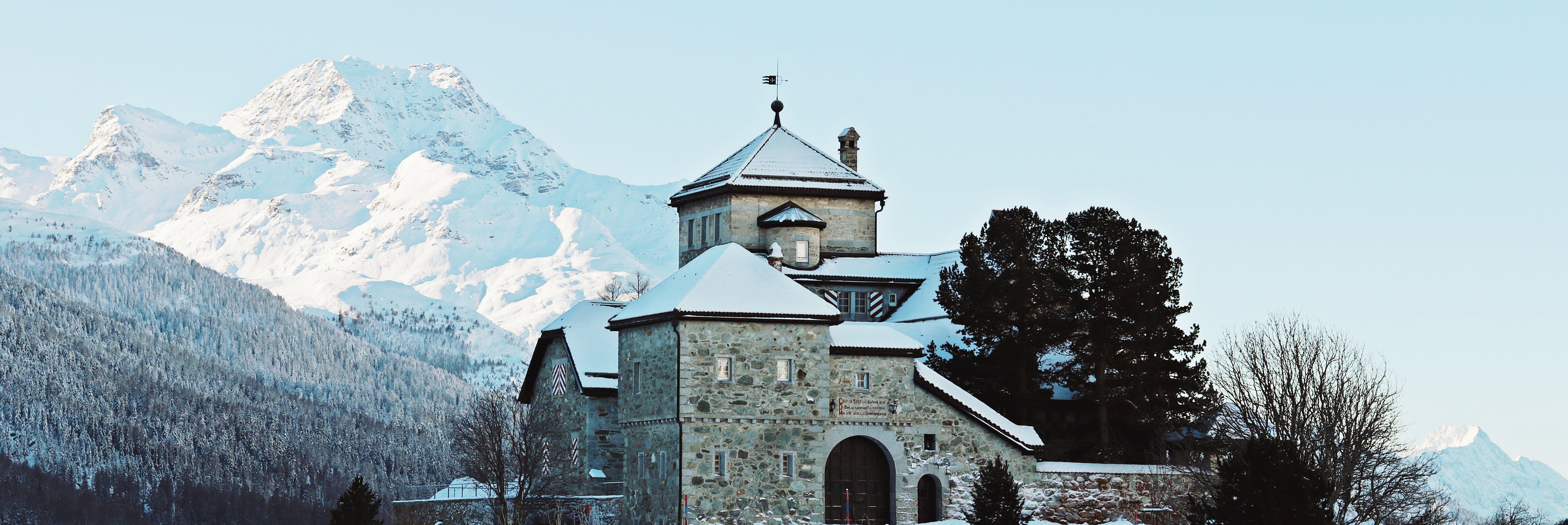 holiday, spire, building exterior, snow, no people, 5K, history, house, maloja region, old, near, travel destinations, mountains, cold, frosty, snowy, HD Wallpaper