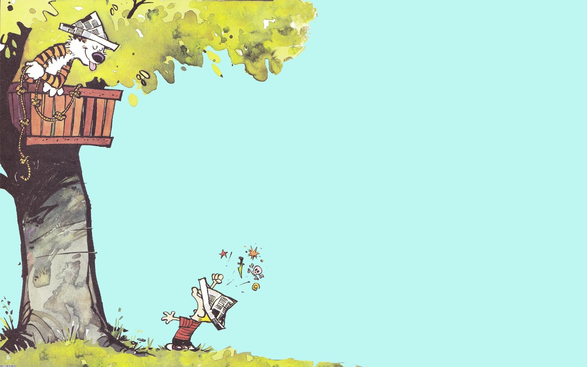 growth, blue, green color, sunlight, no people, architecture, tree, nature, day, built structure, sky, creativity, clear sky, 1080P, low angle view, Calvin and Hobbes, HD Wallpaper