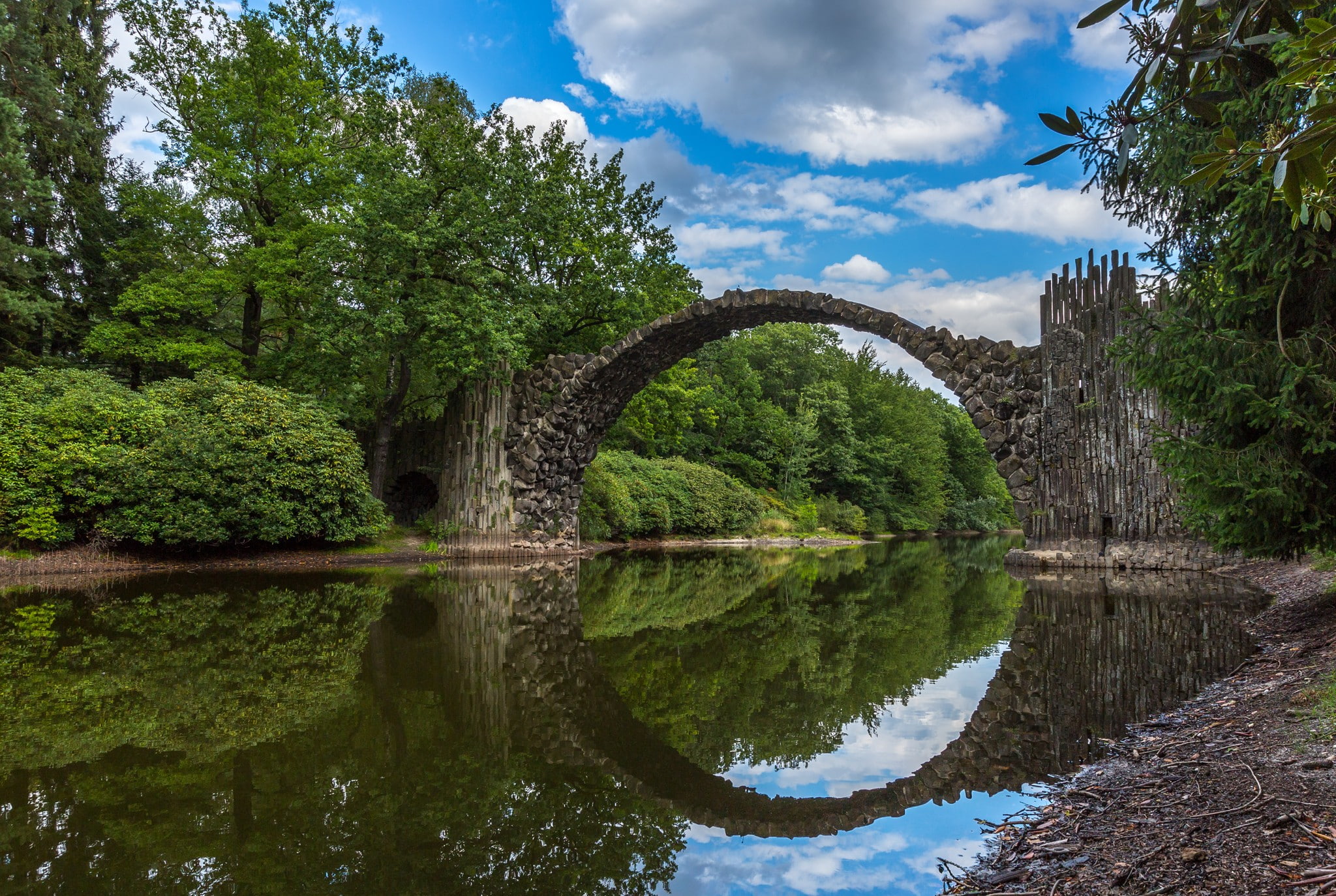 Stone Arch Bridge, trees, water, Germany, bridge, 1080P, river, photography, clouds, HD Wallpaper