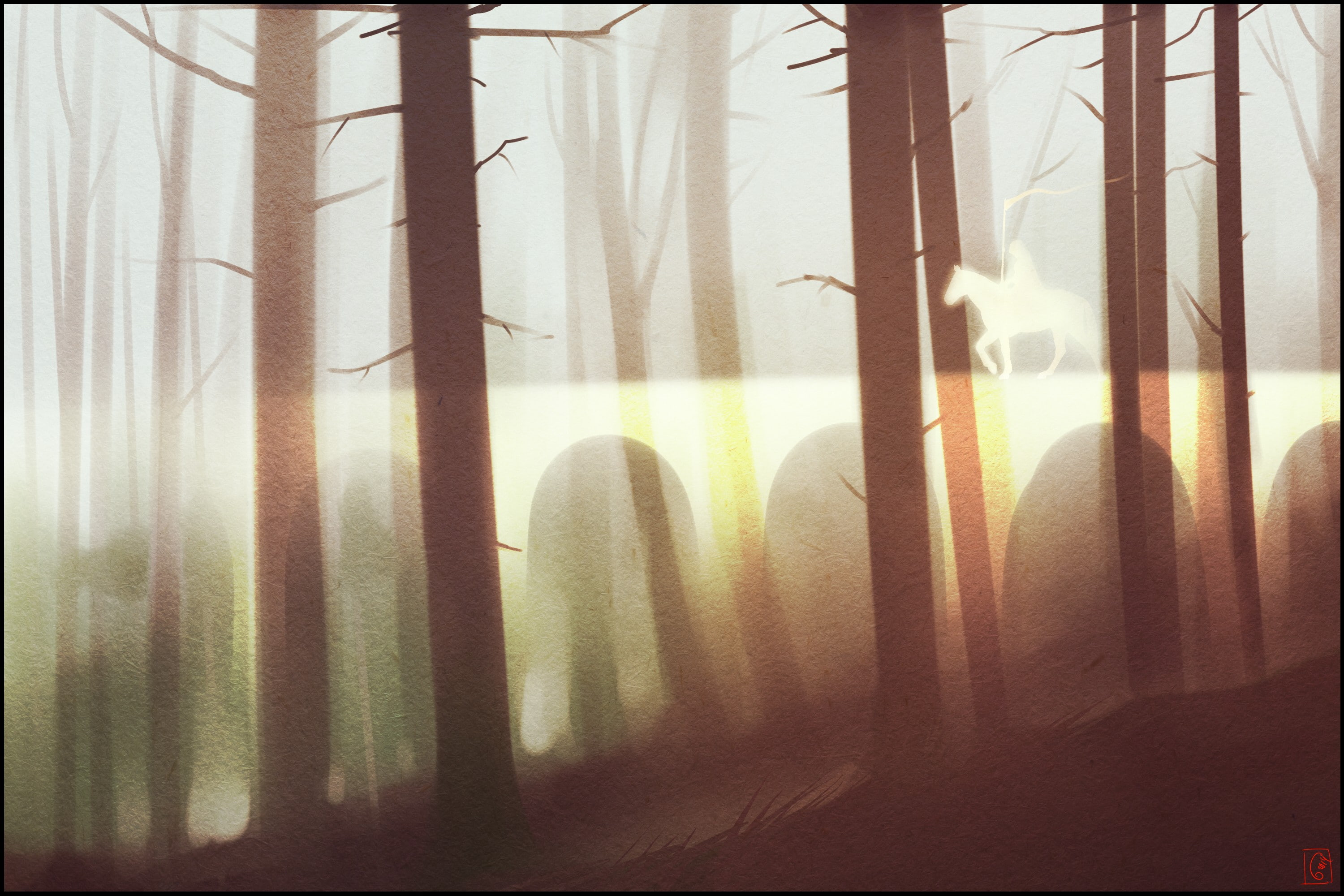 bridge, horse, trees, 2K, forest, arch, artwork, HD Wallpaper
