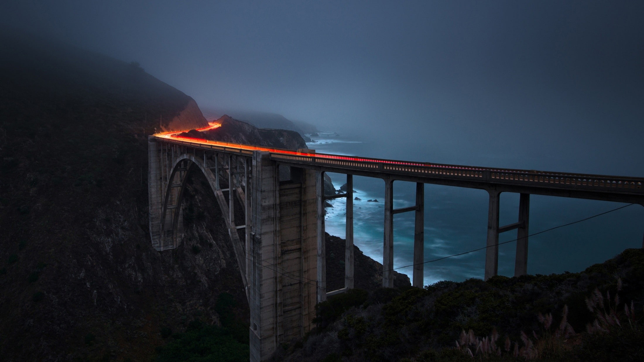 nature, transportation, sky, illuminated, night, bridge - man made structure, water, long exposure, sea, beauty in nature, scenics - nature, outdoors, 1080P, HD Wallpaper
