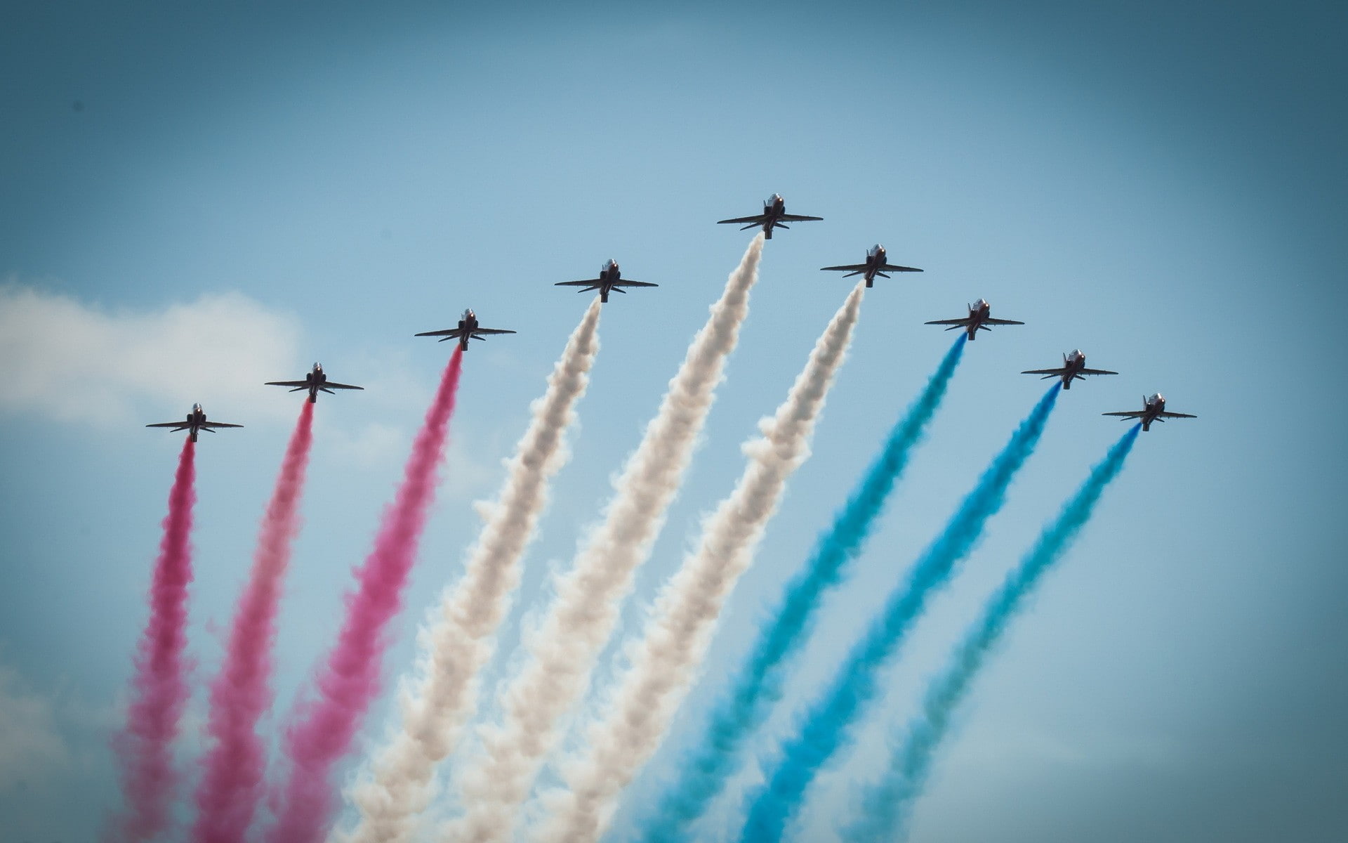 Patrouille de France, fighter plane, military airplane, contrails, aerobatics, outdoors, airplane, cloud - sky, transportation, plane, 1080P, teamwork, HD Wallpaper
