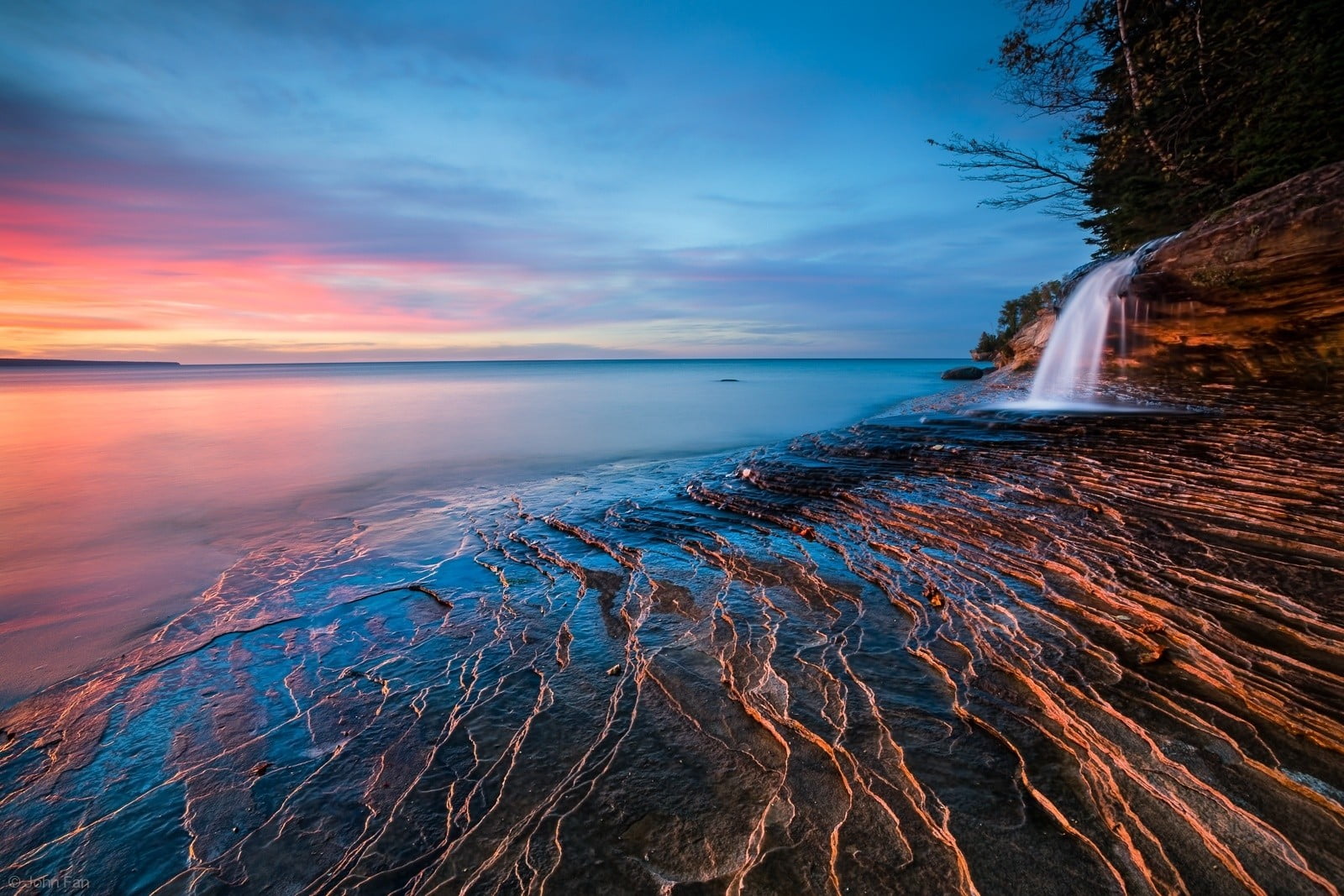 sea, idyllic, sunset, waterfall, water, horizon, sky, blue, lake, outdoors, land, beauty in nature, beach, motion, scenics - nature, horizon over water, HD Wallpaper