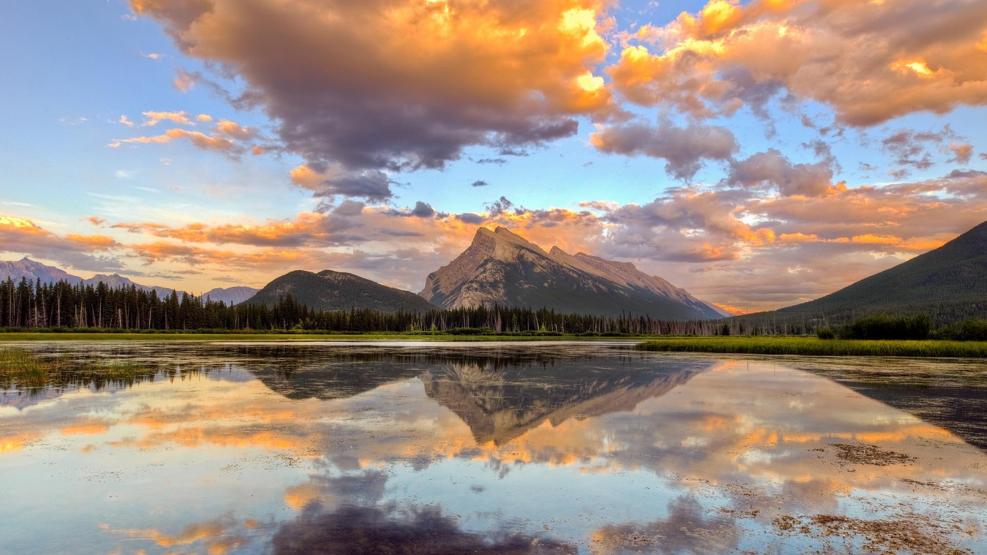 clouds, beautiful, mountain, rundle, lake, nature and landscapes, reflection, 1080P, HD Wallpaper