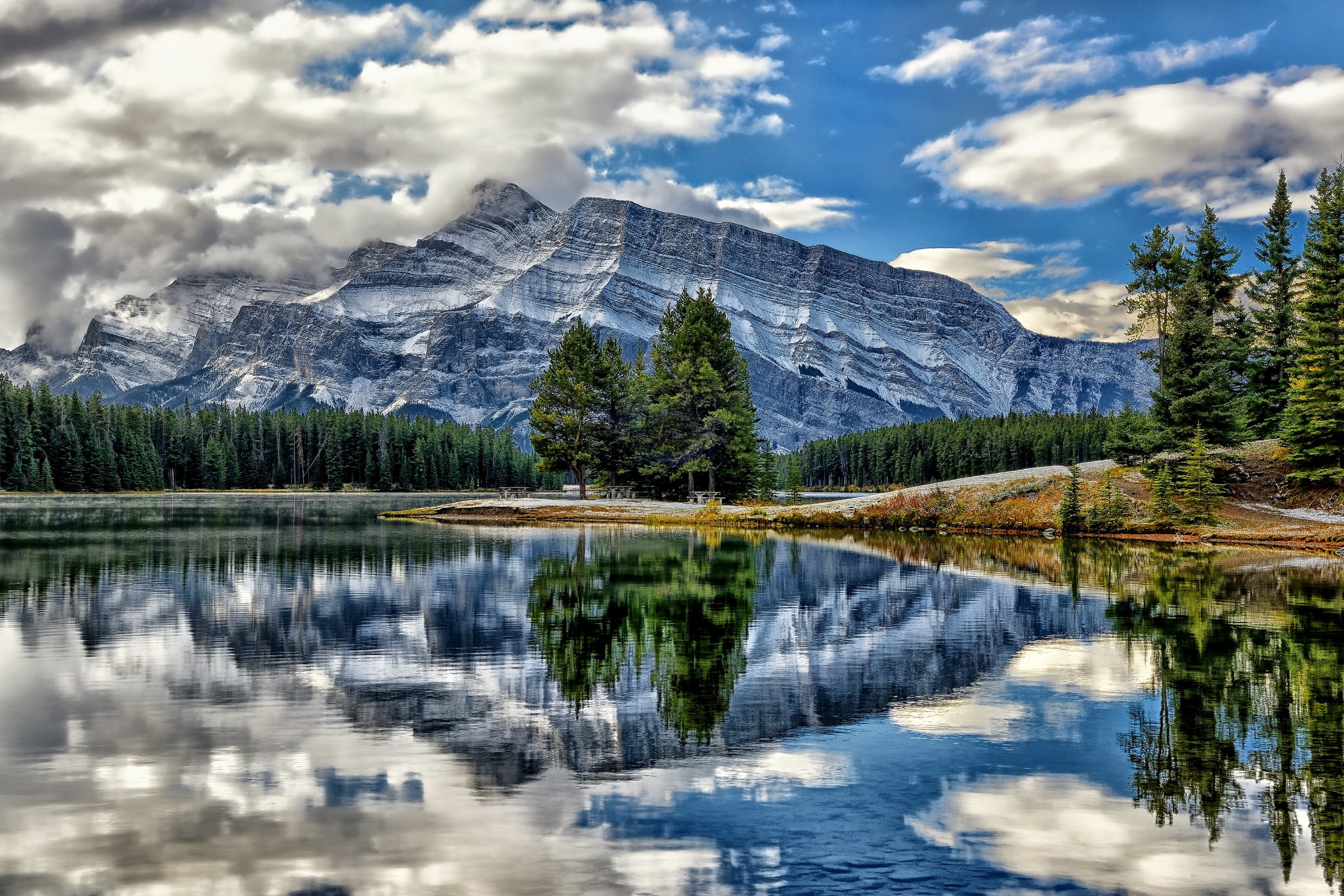 grey, green, Alberta, water, mountain range, tree, plant, Banff National Park, Vermillion Lakes, snow, beauty in nature, Lake Vermilion, scenics - nature, HD Wallpaper