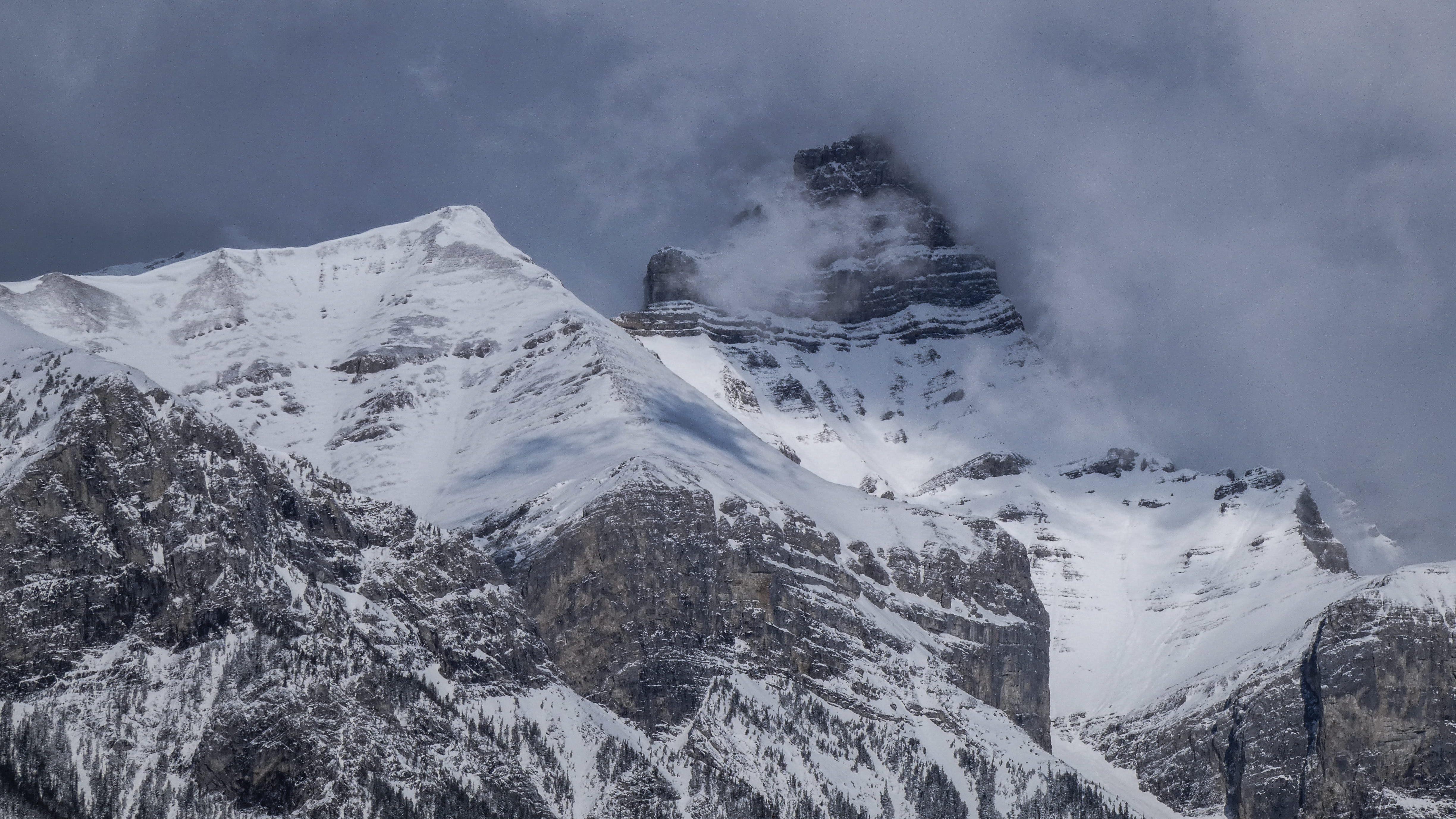 snowcapped mountain, mountain, rock, canmore, non-urban scene, canada, snow, ice, extreme weather, cloud - sky, 4K, landscape, explore, scenics - nature, HD Wallpaper