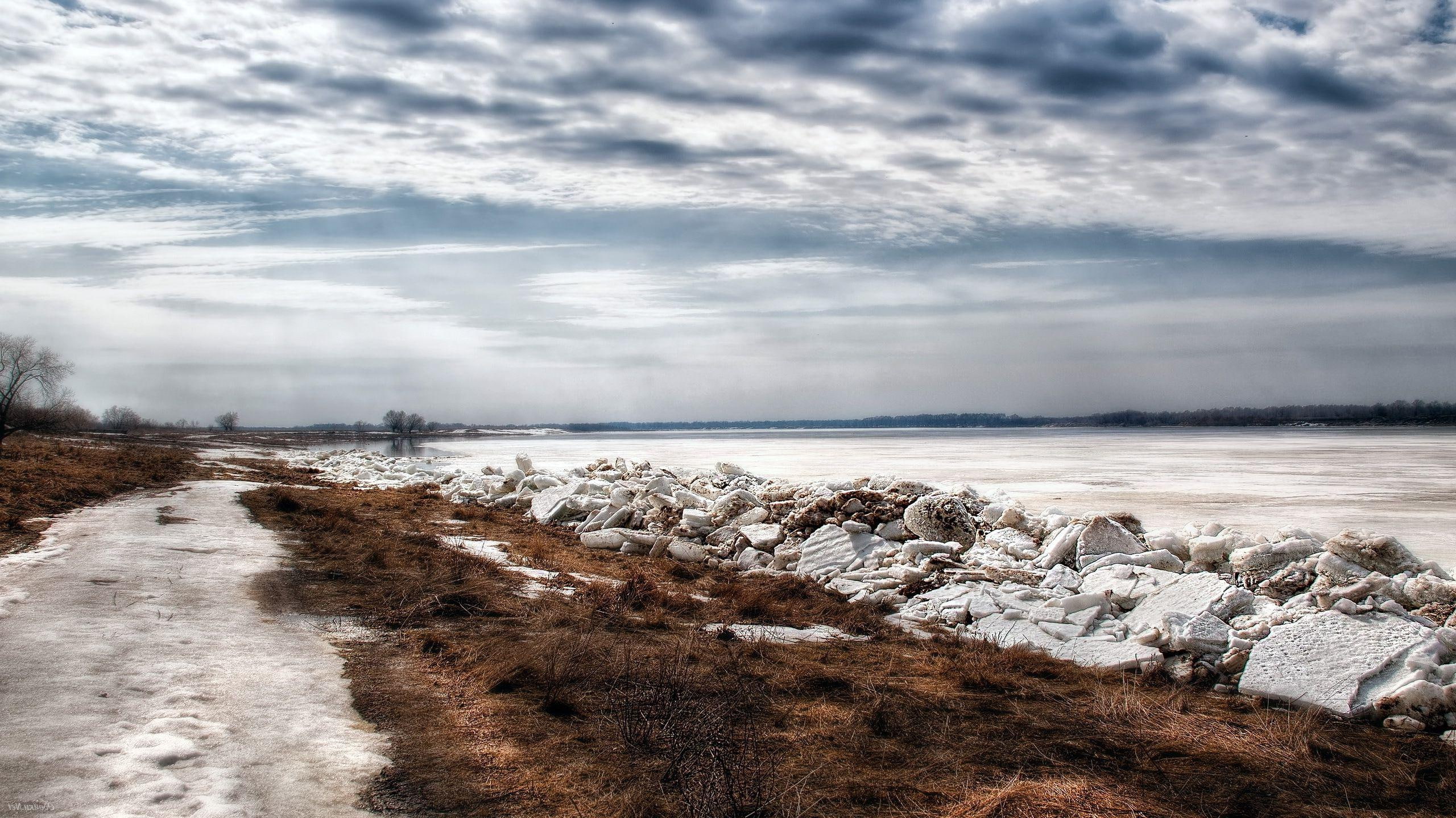snow, nature, day, sea, early, coast, 2K, lake, winter, 2560x1440, cloud, HD Wallpaper