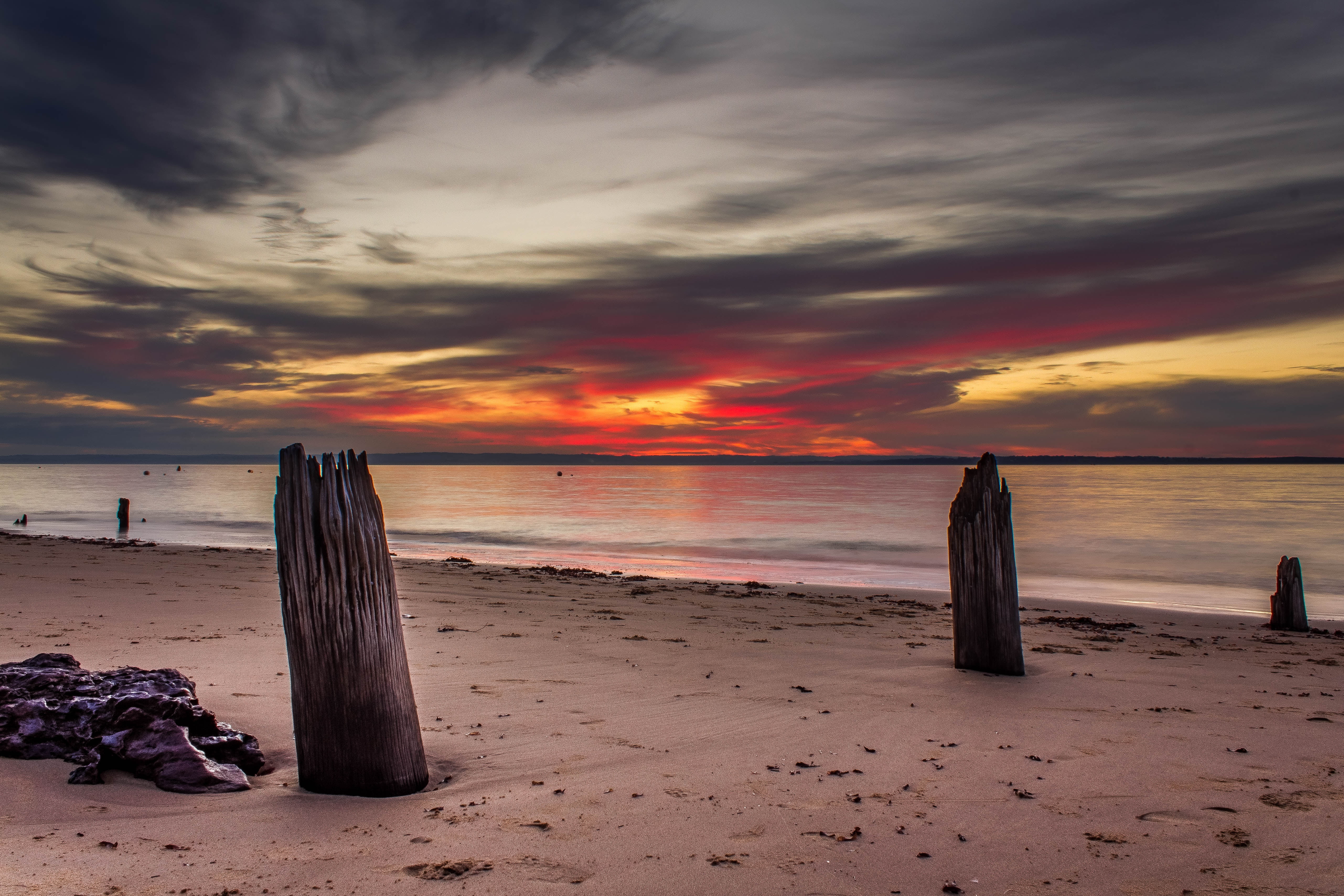 coastline, water, summer, Project, brown, nature, water  color, outdoors, cloud - Sky, sky, canon, beach, wooden, 5K, sea, sand, scenics, posts, Sunset  brown, HD Wallpaper
