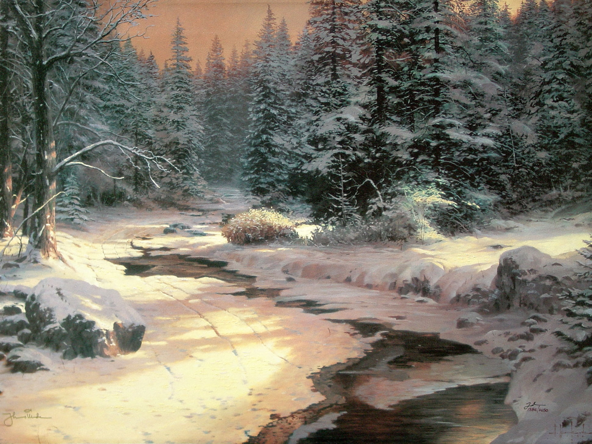 Thomas Kinkade, river, Landscape, 1080P, snow, winter, ate, HD Wallpaper