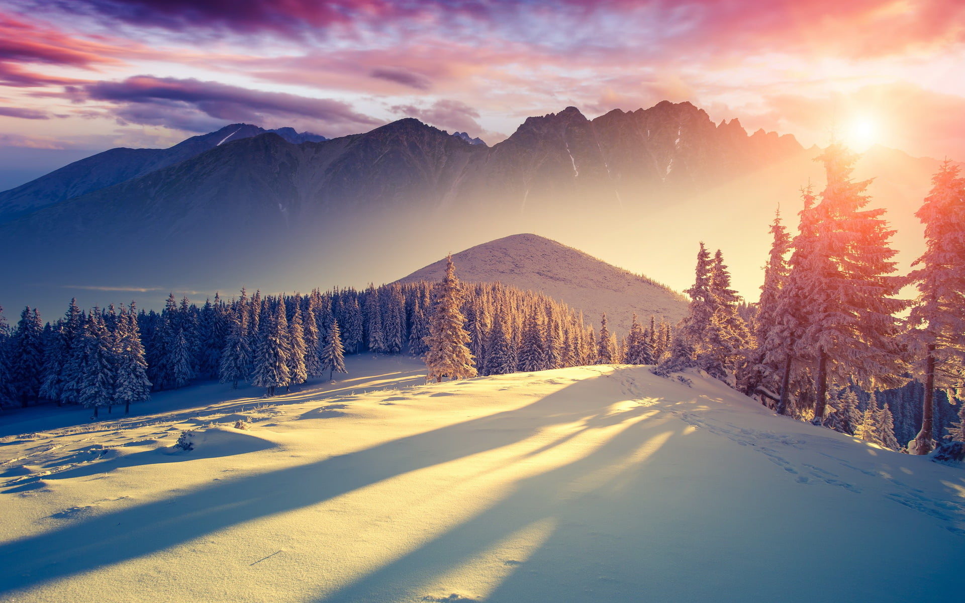 nature, sunlight, bright, frozen, idyllic, trees, clouds, 2014, 1080P, tranquil Scene, dusk, shadows, February, sport, no People, european Alps, christmas, HD Wallpaper