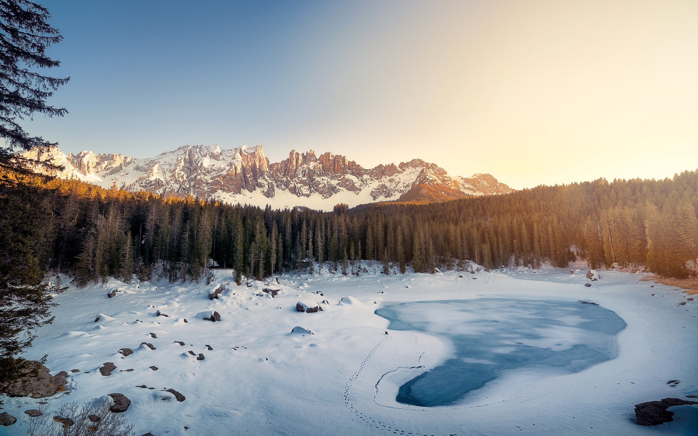 mountains, ate, winter, 2K, lake Carezza, snow, Italy, South Tyrol, The Dolomites, HD Wallpaper