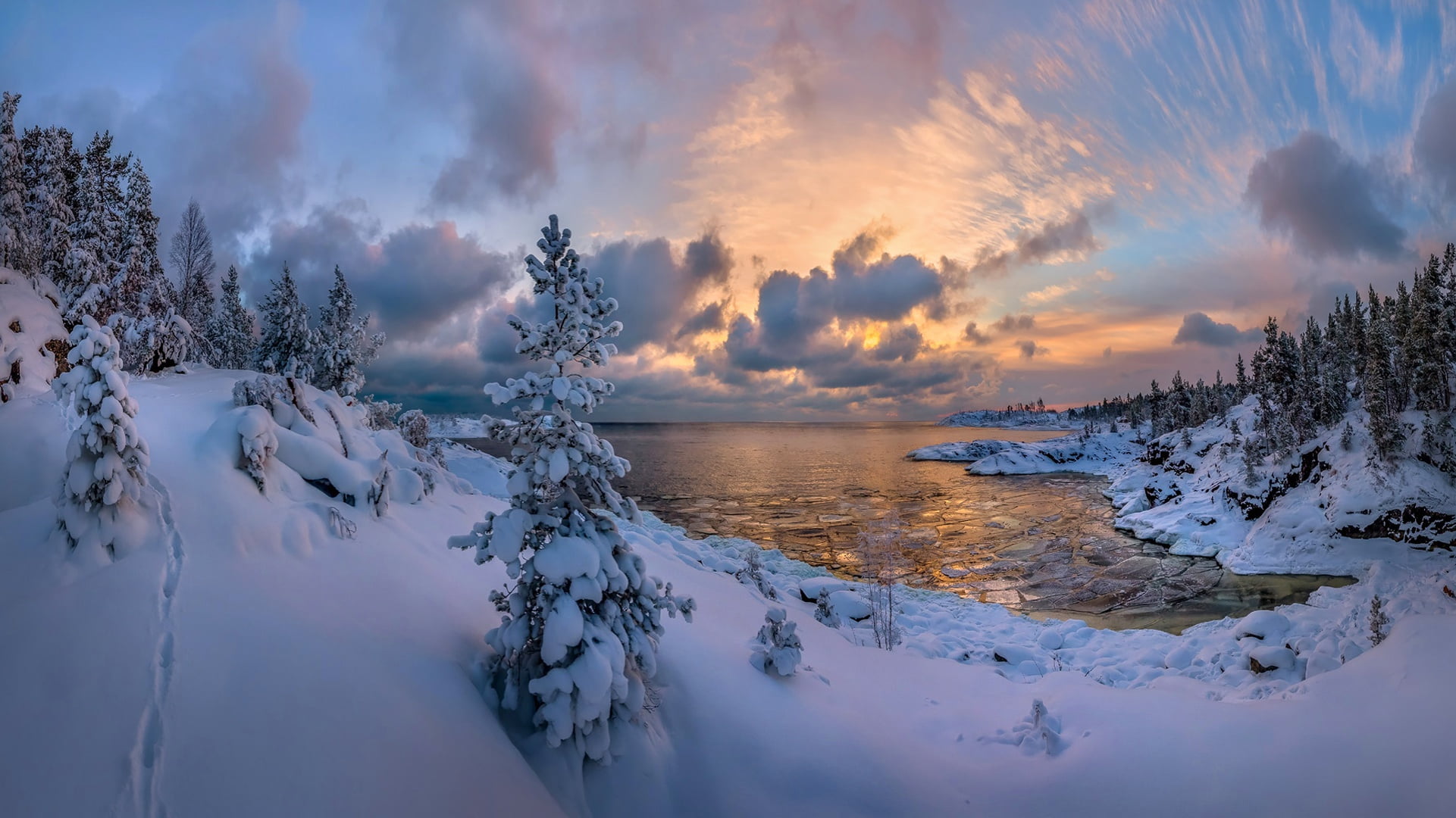 sky, sunset, non-urban scene, snow, tranquil scene, nature, cloud - sky, water, beauty in nature, green, ate, land, Karelia, winter, Russia, pine, forest, HD Wallpaper
