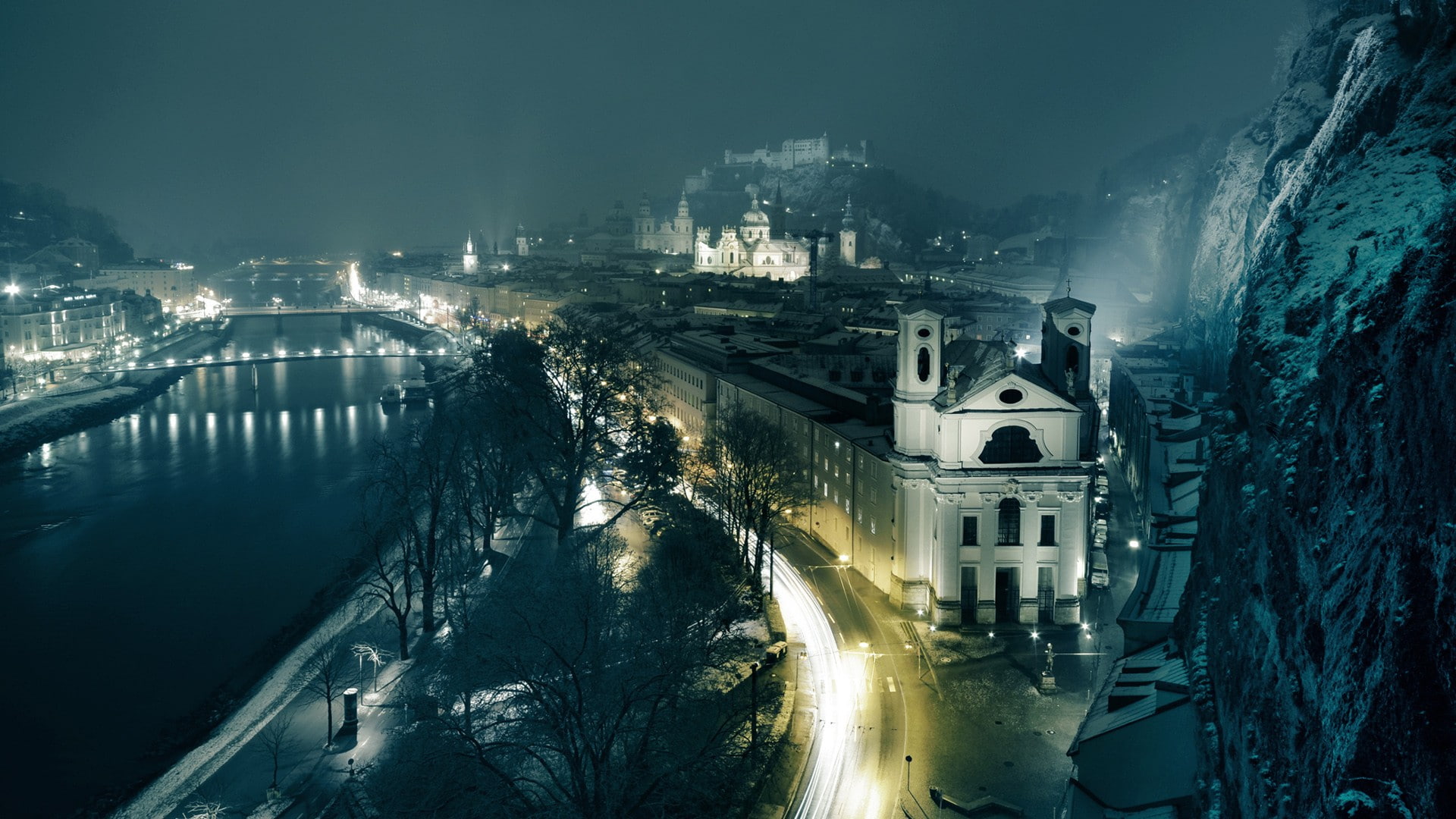 high angle view, 1080P, architecture, long exposure, building exterior, cold temperature, nature, illuminated, outdoors, bridge, Salzburg, building, water, HD Wallpaper