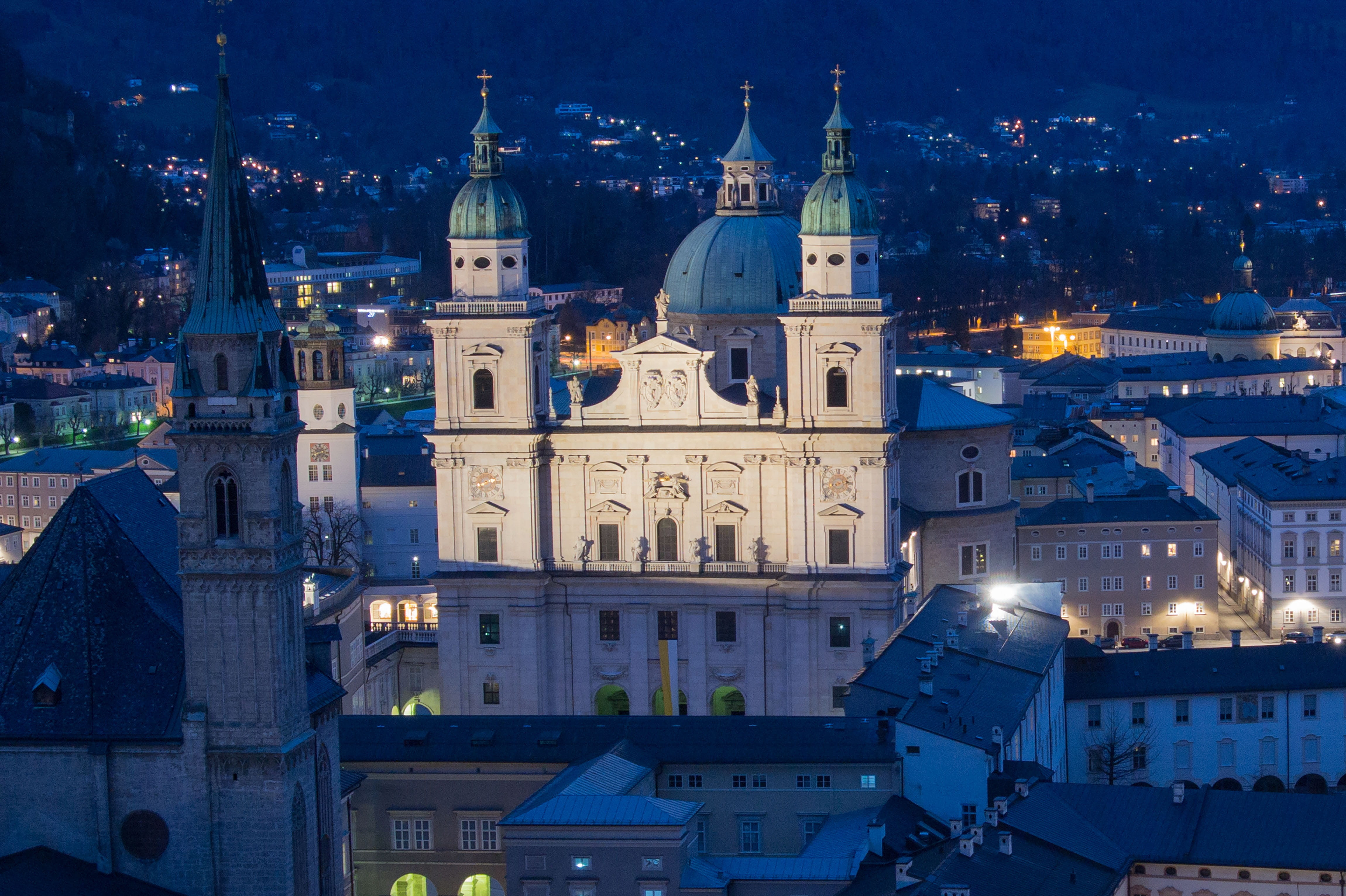 clock, religion, no people, travel destinations, Austria, the past, architecture, place of worship, built structure, Salzburg Cathedral, dusk, city, building exterior, HD Wallpaper
