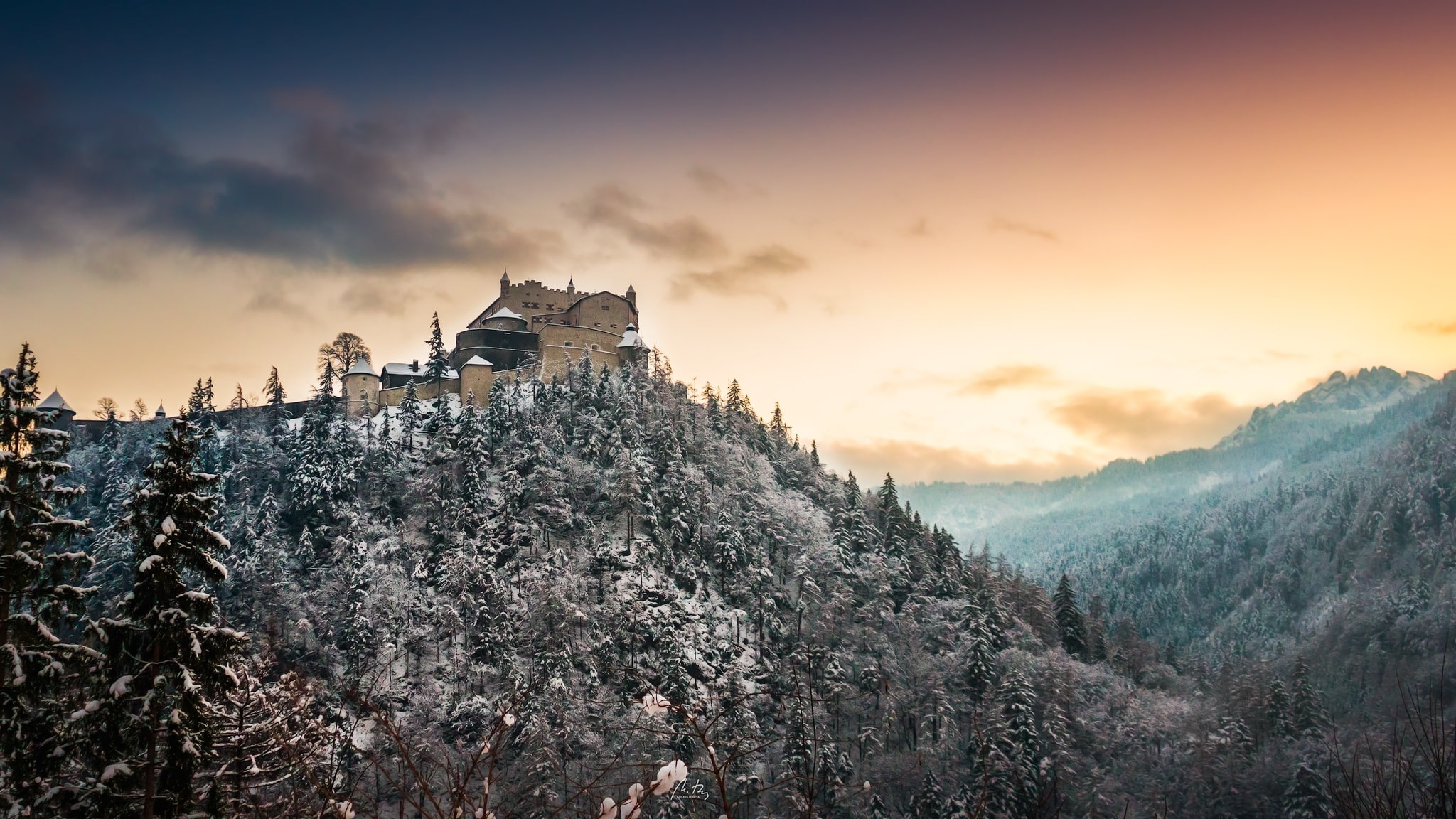 Salzburg, forest, 1080P, nature, winter, landscape, building, snow, mountains, castle, HD Wallpaper