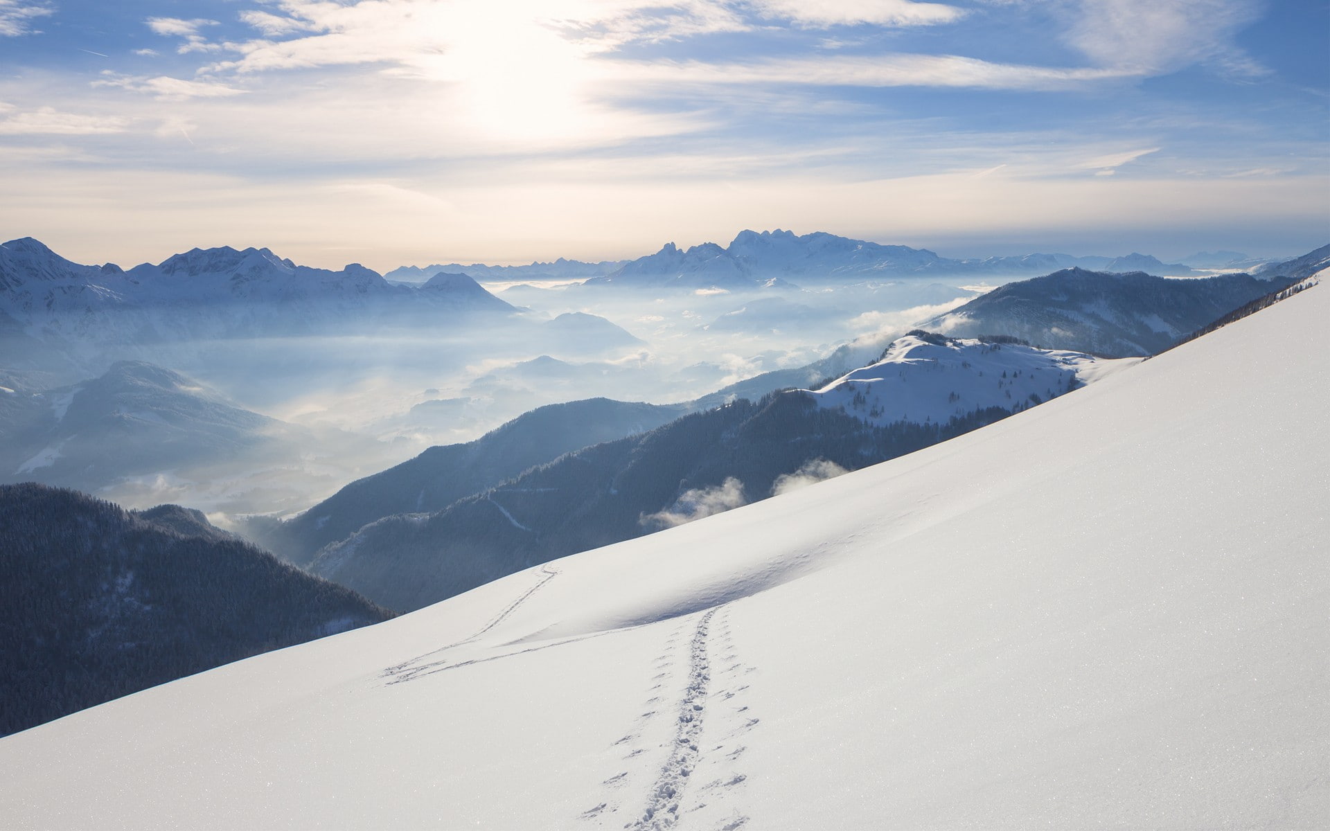 bright, Austria, landscape, Windows 10, 1080P, mountains, nature, sky, mist, snow, Salzburg, HD Wallpaper