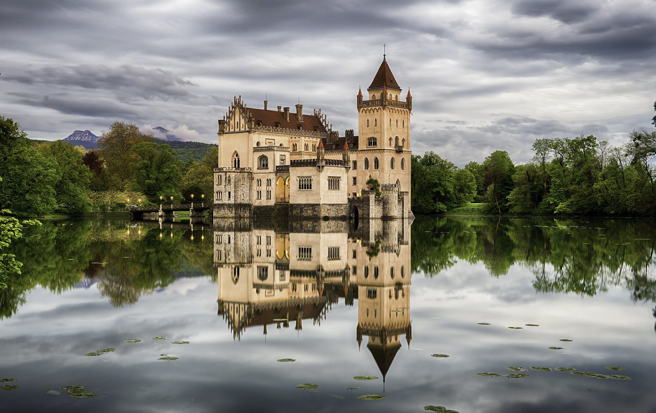 Castle Anif, lake, trees, 1080P, Austria, castle, Salzburg, HD Wallpaper