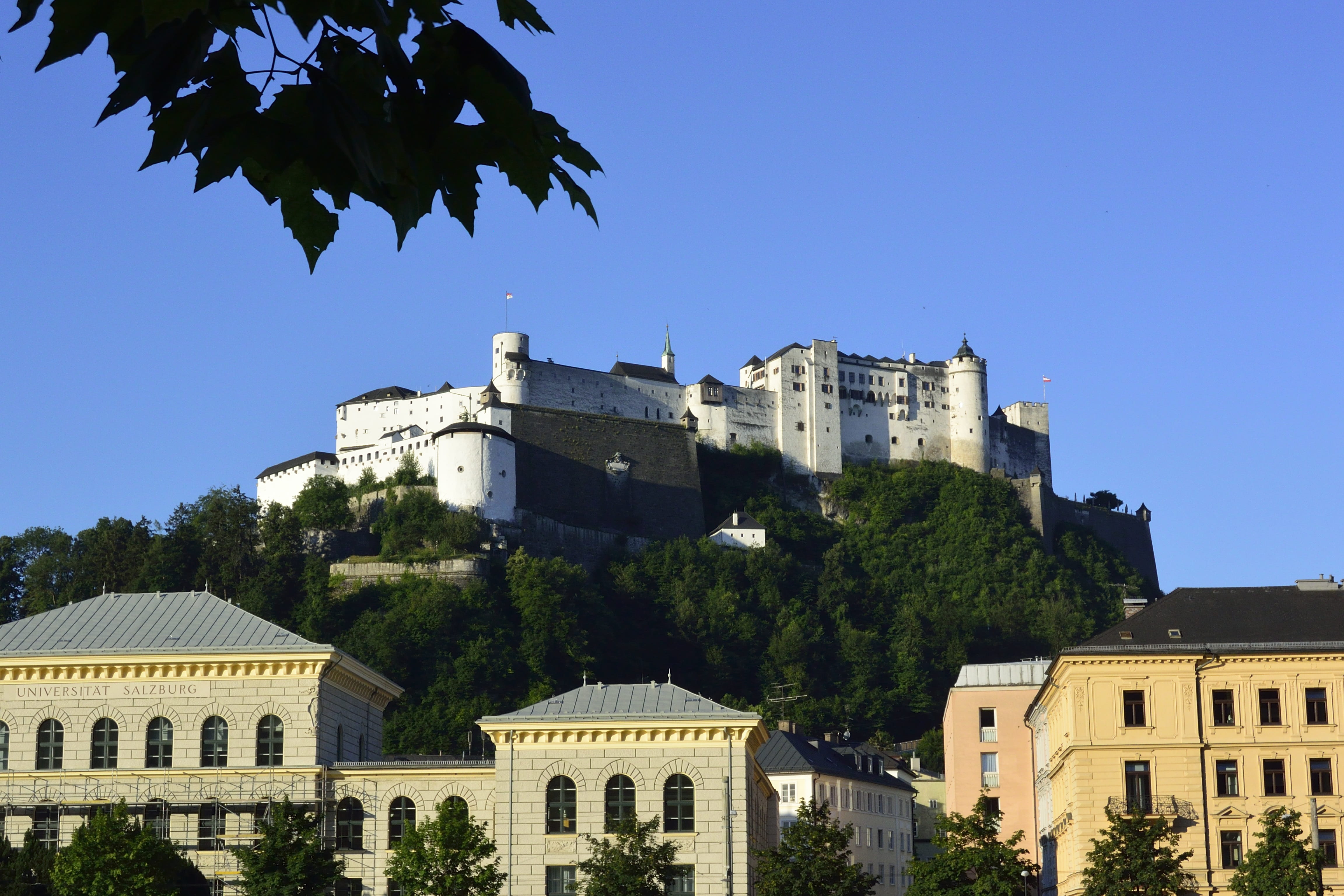 clear sky, fortress, building, tree, travel Locations, city, architecture And Buildings, history, famous Place, Austria, blue, hohensalzburg fortress, travel destinations, HD Wallpaper