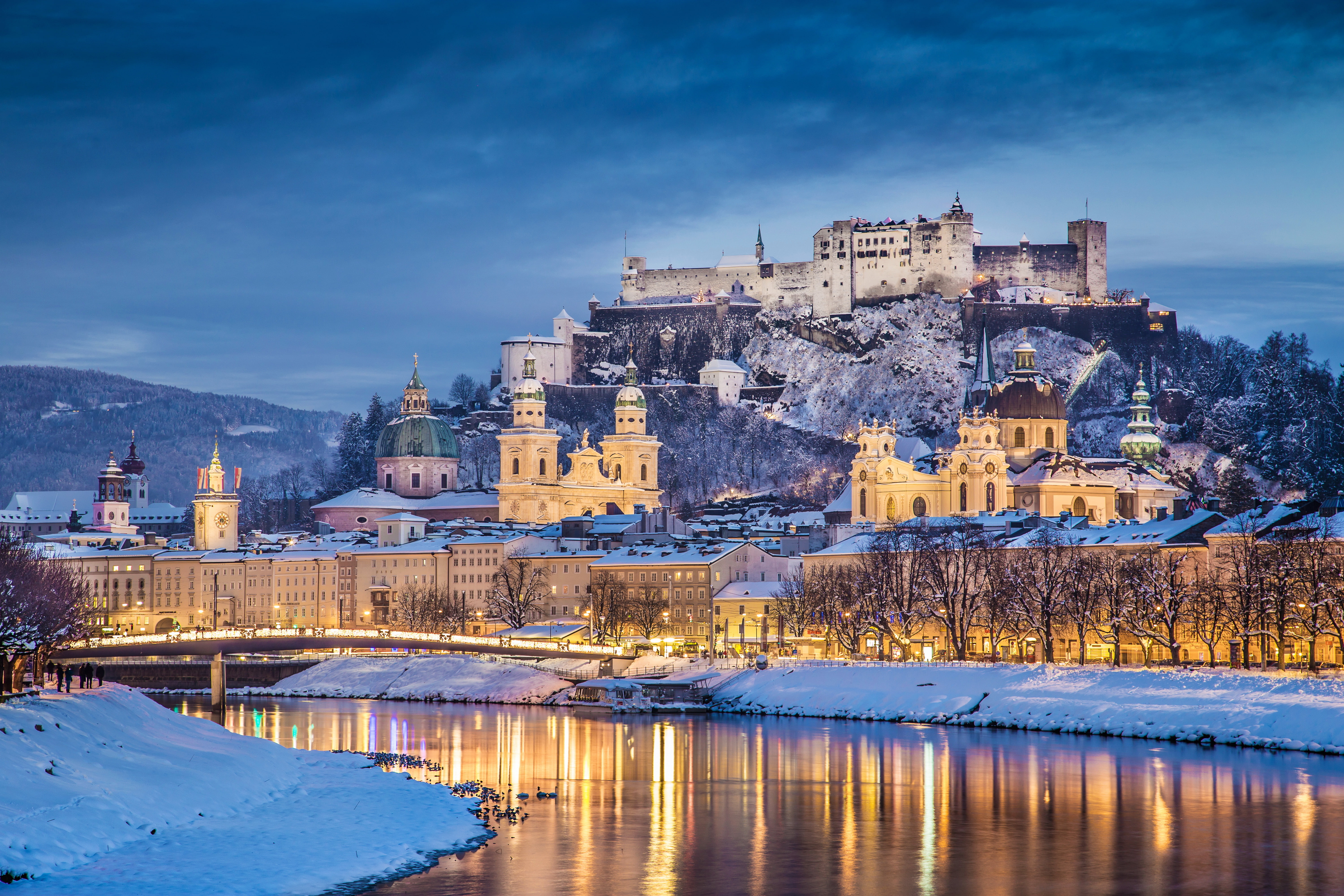 Snow, Salzburg, River, Castle, Hohensalzburg Castle, Austria, Winter, 5K, Evening, Castles, HD Wallpaper