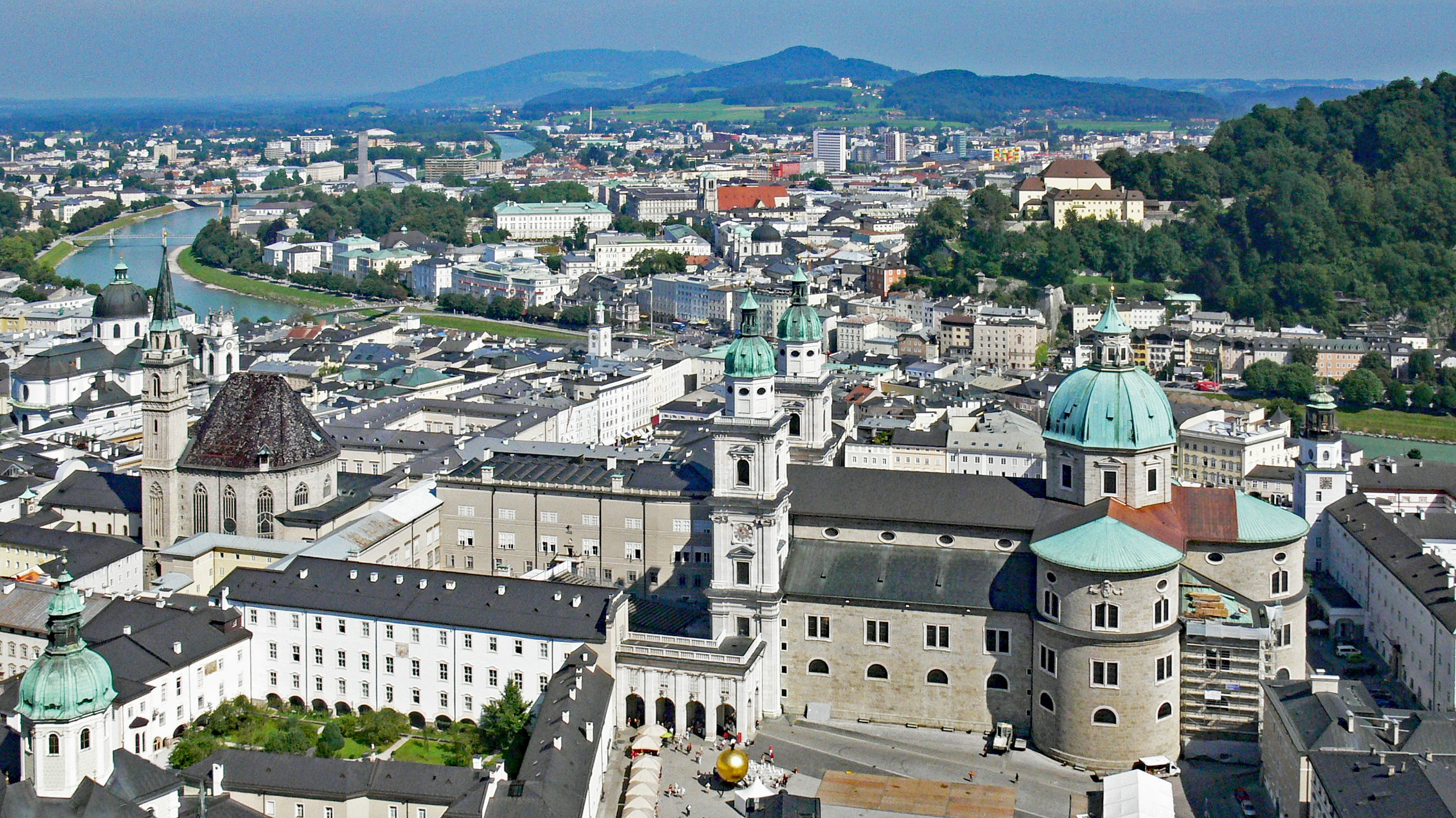 rhaeto romanic, salzburg cathedral, salzburg from the castle hill, city, cityscape, high angle view, 2K, architecture, built structure, building, crowded, HD Wallpaper