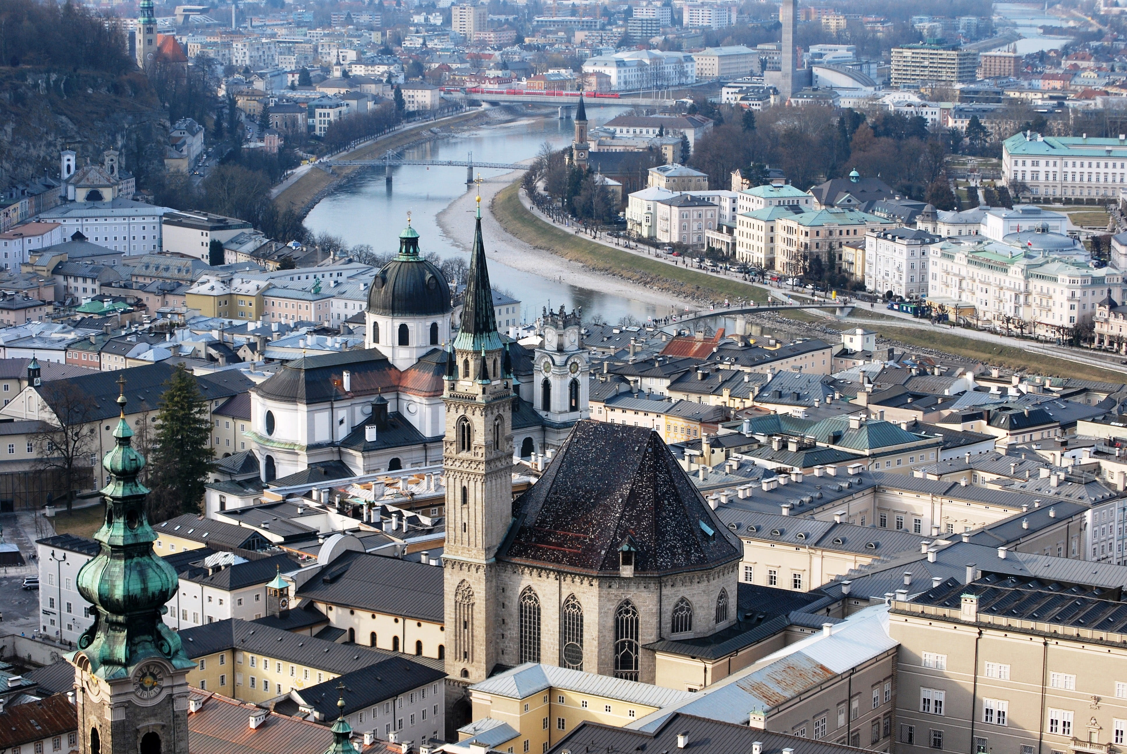 day, church, Salzburg, place of worship, Austria, building Exterior, high angle view, connection, chapel, travel destinations, outdoors, river, roof, 4K, HD Wallpaper