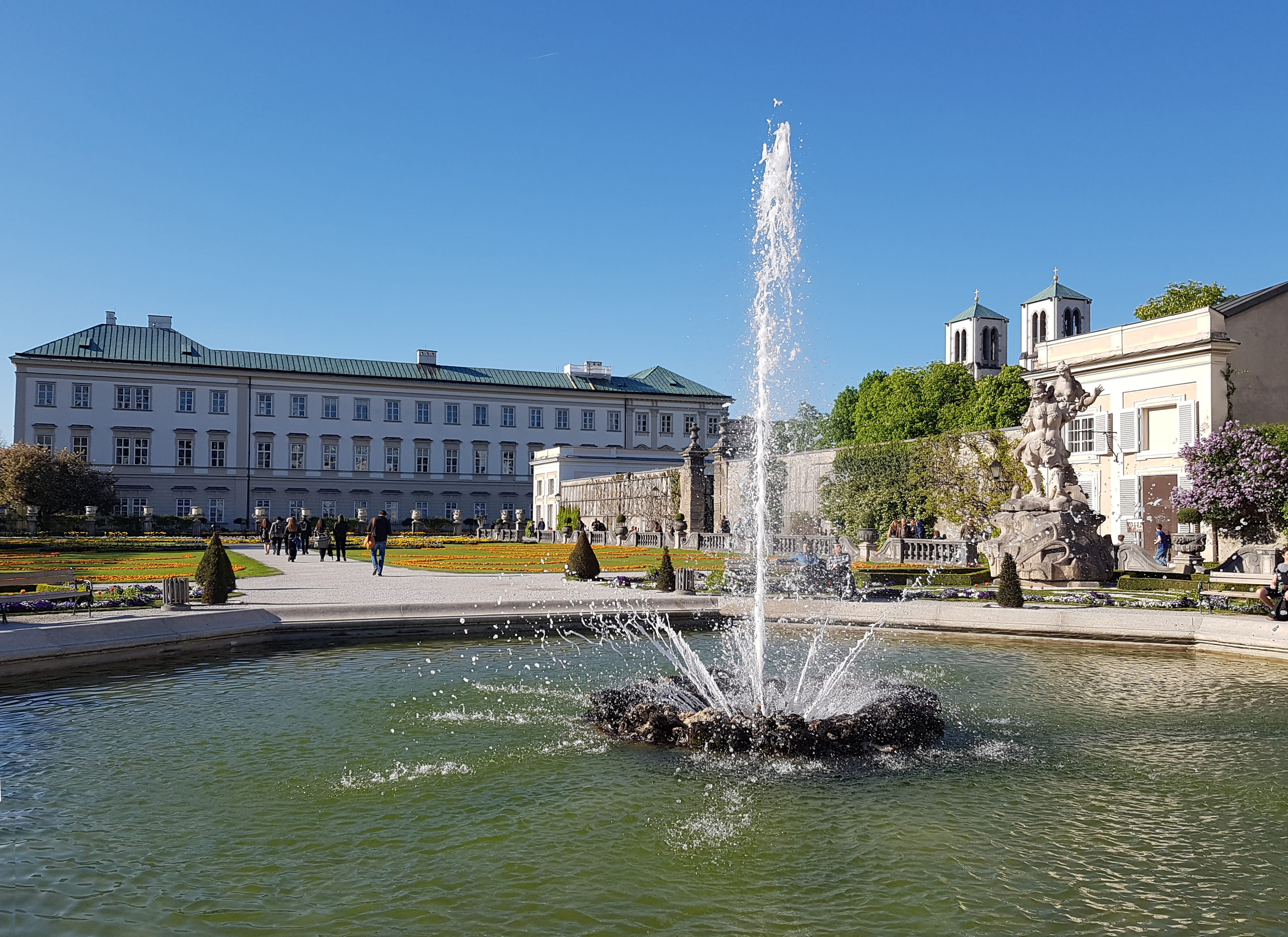 4K, outdoors, plant, building exterior, mirabell palace, nature, travel destinations, world heritage, sky, building, austria, built structure, Fountain, HD Wallpaper