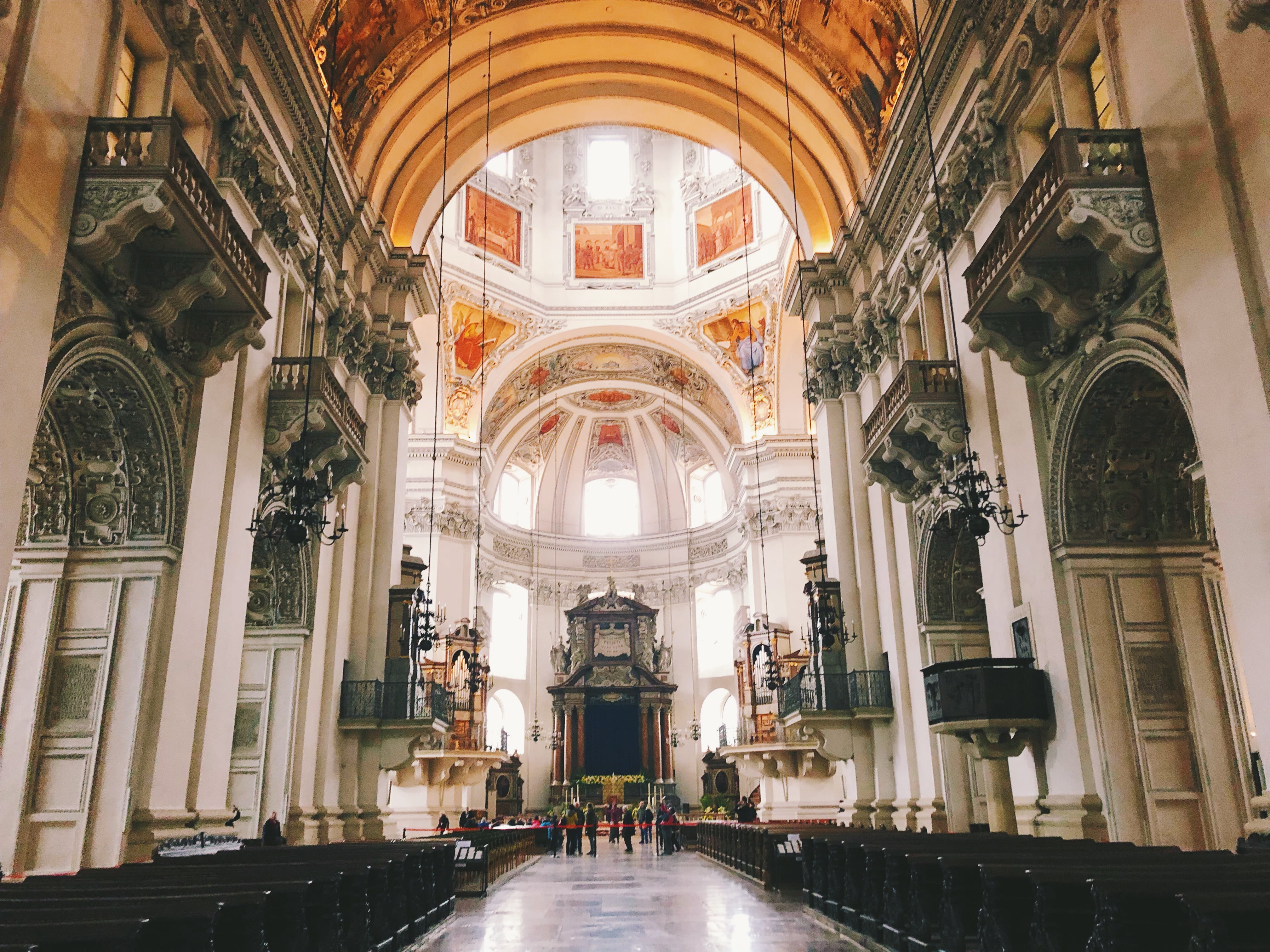 austria, spirituality, ceiling, religion, travel, pew, ornate, arch, building, church, aisle, indoors, day, belief, 4K, incidental people, place of worship, HD Wallpaper